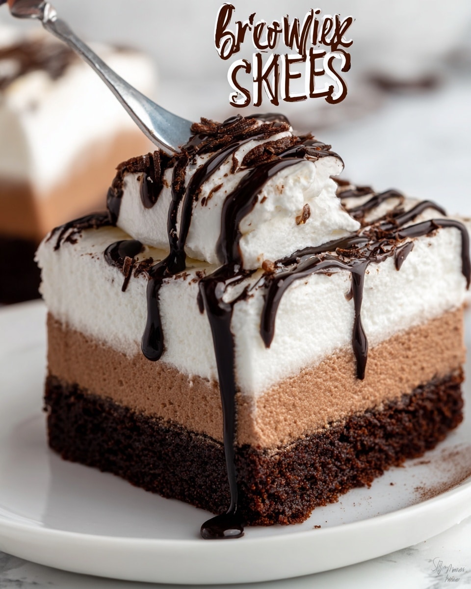 A close-up of a dessert square on a white plate with a white marbled background, showing three layers: the bottom layer is a dark brown, dense, moist brownie; the middle layer is a light brown, fluffy chocolate mousse; the top layer is a thick, white whipped cream. The dessert is drizzled with dark chocolate sauce on top, which drips down the sides. A woman's hand holding a silver fork lifts a bite-sized piece showing all three layers, with more chocolate drizzle on top. The texture contrasts between the dense brownie, airy mousse, and smooth whipped cream are clear. Photo taken with an iphone --ar 4:5 --v 7