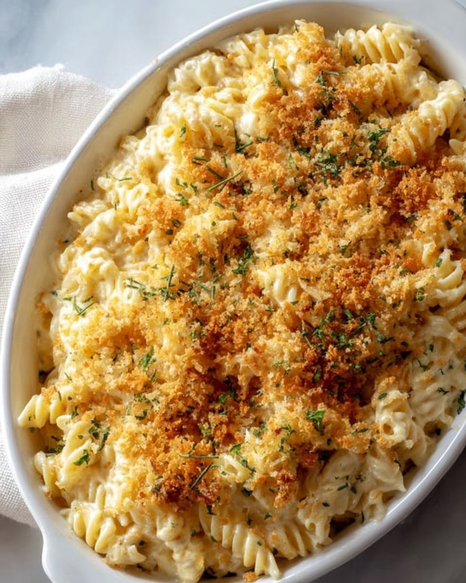 A close-up view of a large white oval dish filled with creamy macaroni pasta. The dish shows three main layers: the bottom layer is pale yellow twisted rotini pasta covered in smooth creamy cheese sauce, the middle layer is a thick, white cheese mixture blending with pasta, and the top layer is a golden brown, crunchy breadcrumb topping sprinkled with small bits of green herbs. The dish rests on a white marbled surface, with a soft white cloth partially visible on the left side. The cheese sauce has a glossy texture, while the breadcrumbs look crispy and lightly toasted, adding contrast to the creamy pasta below. Photo taken with an iphone --ar 4:5 --v 7