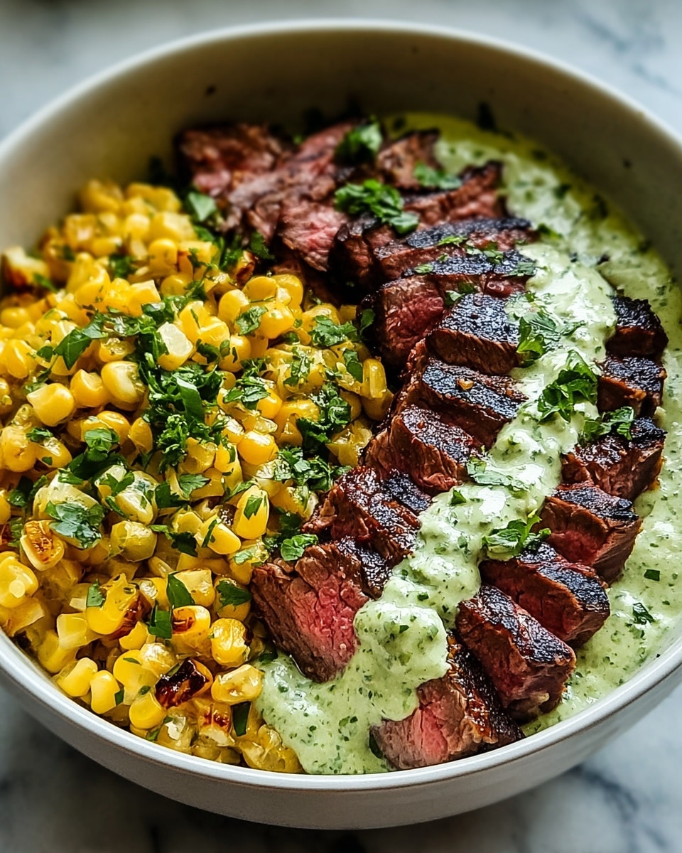 A white bowl with a speckled pattern holds a colorful dish with two main parts: on the left, bright yellow grilled corn kernels sprinkled with small green herb pieces, and on the right, slices of medium-rare steak with a brown crust and pink center, topped with a thick, creamy green sauce drizzled in lines and sprinkled with chopped green herbs. The background shows a white marbled surface. photo taken with an iphone --ar 4:5 --v 7