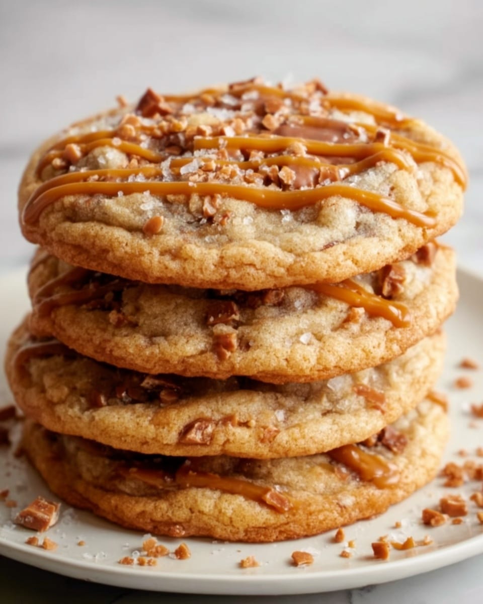 A stack of four round cookies is shown close-up, each cookie golden-brown with slightly crisp edges and soft, chewy centers. The top cookie is decorated with small, uneven chunks of light brown toffee scattered over the surface. Warm caramel swirls are drizzled generously across the top with a glossy, rich amber color. The texture looks a mix of smooth caramel and the coarse toffee pieces, creating a contrast against the cookie’s bumpy surface. The stack sits on a white plate, which is placed on a white marbled surface. Photo taken with an iphone --ar 4:5 --v 7