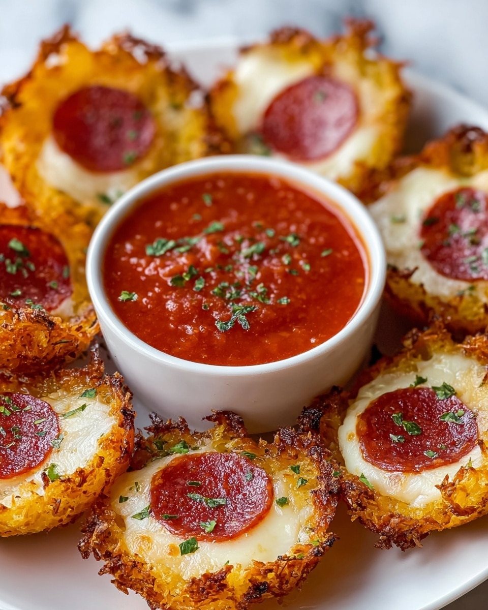 A white plate holds several mini pizza bites, each with a crispy golden-brown outer layer that looks crunchy and textured. Inside, there is a melted white cheese layer topped with a round slice of deep red pepperoni, sprinkled with small bits of green herbs. In the center of the plate sits a small white bowl filled with smooth red tomato sauce, also garnished with green herbs. The dish is placed on a white marbled surface. photo taken with an iphone --ar 4:5 --v 7