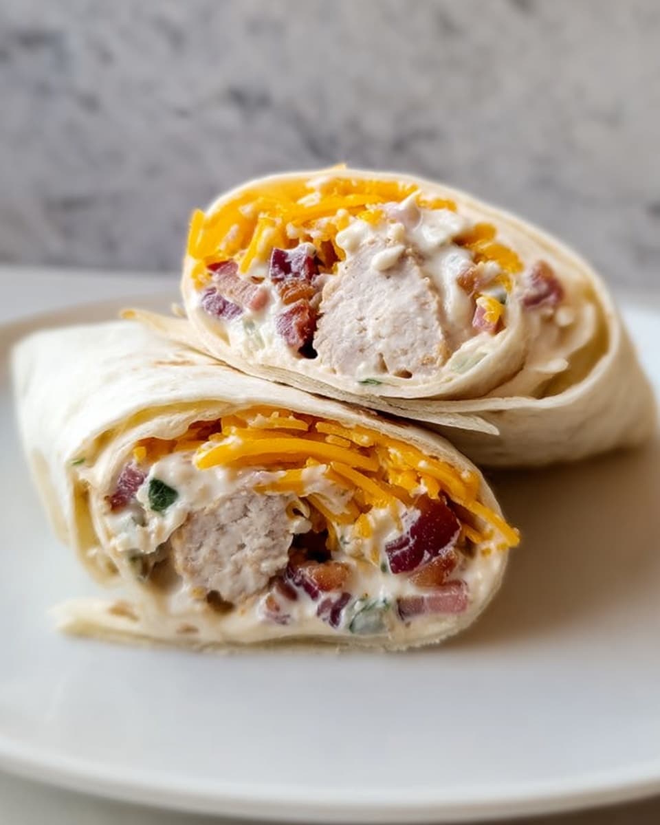 The image shows a white plate with two halves of a wrap placed side by side on a white marbled surface. The wrap consists of a soft, light beige tortilla that is folded and cut in half to reveal its filling. Inside each half, there are several layers: the bottom layer is a creamy white sauce mixed with green herbs and small pieces of cooked bacon that are reddish-brown. Above this is a layer of chunky beige sausage pieces with a slightly browned texture. On top of the sausage, there is a layer of bright orange shredded cheddar cheese. The wrap halves are positioned in a way that shows the cross-section clearly, emphasizing the fillings' textures and colors. The background is simple with a light wall. Photo taken with an iphone --ar 4:5 --v 7