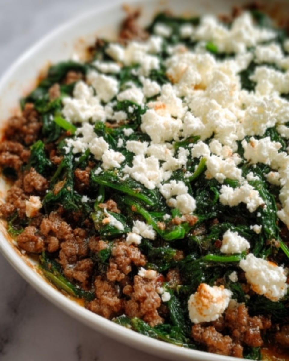 A close-up of a cooked dish with three main layers visible: the bottom layer is dark brown ground meat, appearing crumbly and moist; above it is a layer of cooked green spinach leaves, vibrant and slightly wilted; the top layer is sprinkled with small white crumbly cheese pieces scattered evenly across the surface. The whole dish sits on a white plate, placed on a white marbled textured surface. Photo taken with an iphone --ar 4:5 --v 7