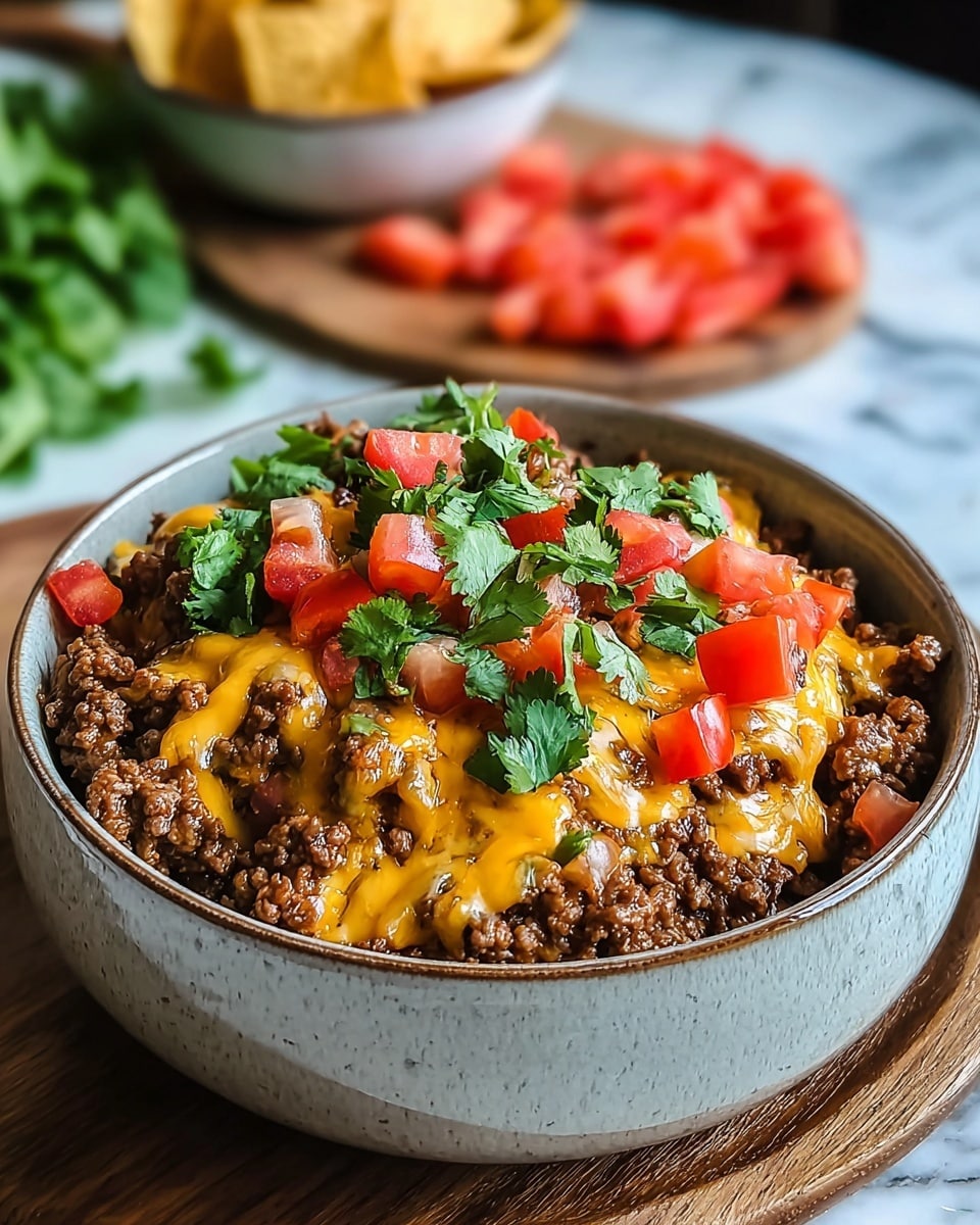 A white speckled bowl filled with a layered dish starting with a base of cooked ground beef that is dark brown and crumbly. On top of the beef lie chunks of bright red tomatoes mixed in, followed by a layer of melted yellow and white cheese that looks gooey and rich. The entire dish is garnished with fresh green parsley leaves scattered on top. The bowl sits on a wooden board with another bowl of chips and chopped tomatoes blurred in the background, all placed on a white marbled surface. photo taken with an iphone --ar 4:5 --v 7