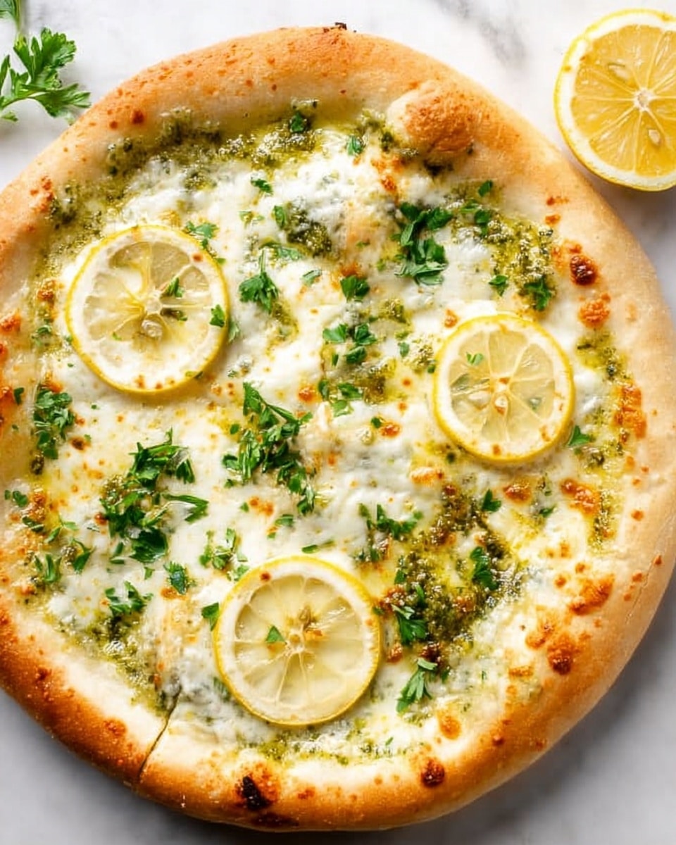 A round pizza with a thick, golden crust sits on a white marbled surface. The first layer is melted white cheese that covers the pizza evenly, followed by a light drizzle of green pesto sauce spread unevenly on top. There are small scattered pieces of fresh green parsley leaves and three thin, round slices of lemon placed on the pizza. The surface looks slightly oily, showing spots of melted butter or oil giving a shiny texture throughout. Photo taken with an iphone --ar 4:5 --v 7
