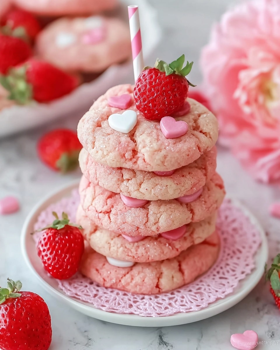 A stack of six light pink round cookies with a soft, cracked texture is placed on a white plate lined with a pink doily. The top cookie is decorated with three small pink heart-shaped candies, two pastel pink heart-shaped candies, and two small white round candies, along with a fresh red strawberry with green leaves on the edge. Additional fresh strawberries are scattered around the plate on a white marbled surface, enhancing the pink theme. A red and white striped straw is inserted into the top of the cookie stack, and a blurred pink pom-pom decor is visible in the background. photo taken with an iphone --ar 4:5 --v 7