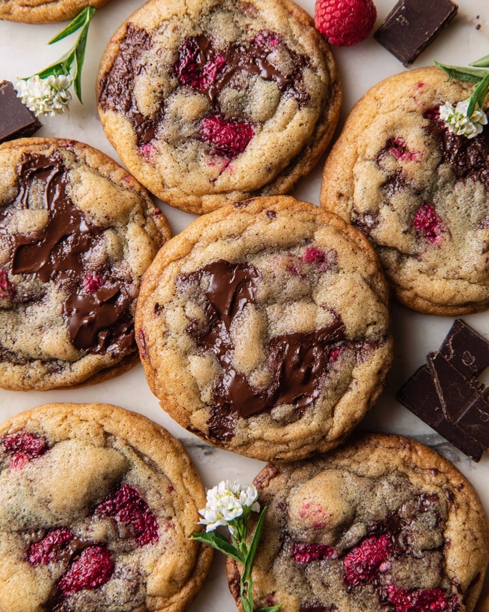 A close-up view of several round cookies with a golden-brown outer edge and a slightly lighter, soft center showing visible melted dark chocolate chunks and bright red berry pieces distributed unevenly across the surface, creating a textured look. The cookies are laid flat on a white marbled texture, with a few small white flowers and dark chocolate chunks scattered around them, enhancing the natural, homemade feel. The colors focus mostly on warm browns, deep dark browns, and vibrant reds. Photo taken with an iphone --ar 4:5 --v 7
