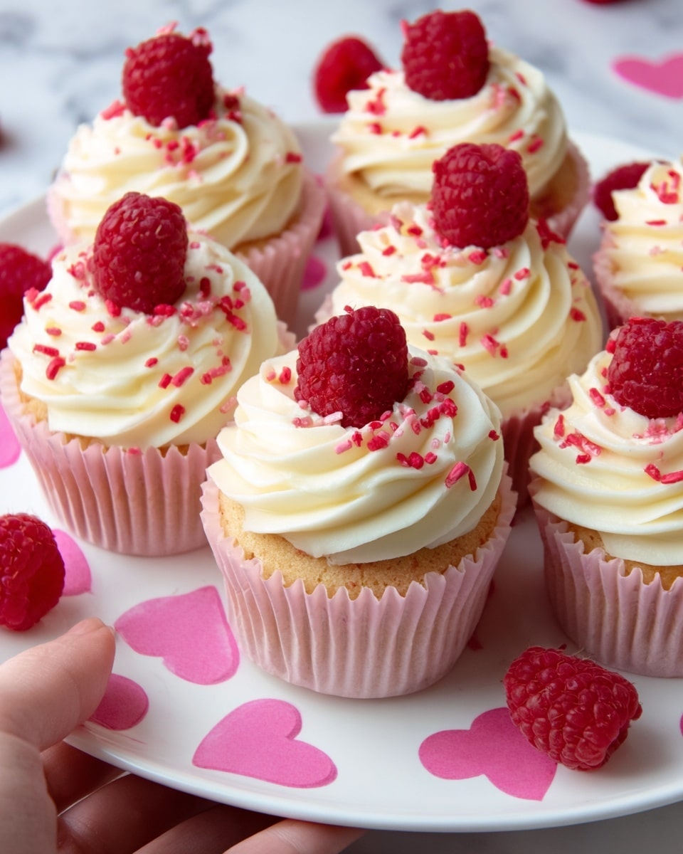 The image shows a group of six cupcakes in light pink paper liners arranged closely on a white plate with pink heart shapes. Each cupcake has one thick swirl layer of smooth, creamy white frosting topped with a fresh raspberry and small red sprinkles scattered over the frosting. A few raspberries are also placed on the white marbled surface around the plate. A woman's hand is gently holding one cupcake on the left side. The overall look is bright and fresh with soft textures and contrasting colors. photo taken with an iphone --ar 4:5 --v 7