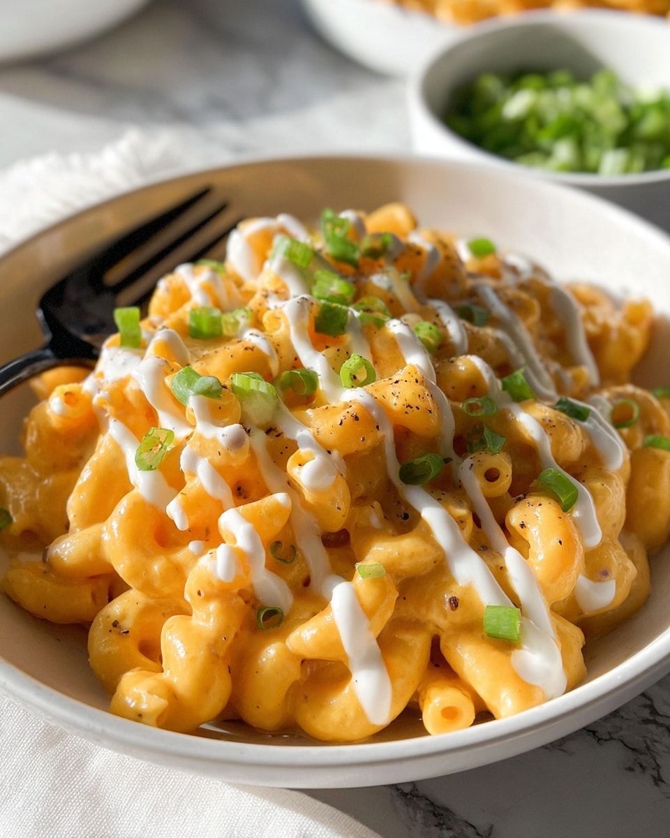 A white bowl holds a creamy orange macaroni and cheese with elbow-shaped pasta. The dish is topped with thin white drizzles of sauce spread across the top and sprinkled with small chopped bright green scallions. The macaroni has a glossy texture, and there are visible black pepper specks scattered on top. A black fork rests on the edge of the bowl. The background features a white marbled texture and a blurred small white bowl with green content. Photo taken with an iphone --ar 4:5 --v 7