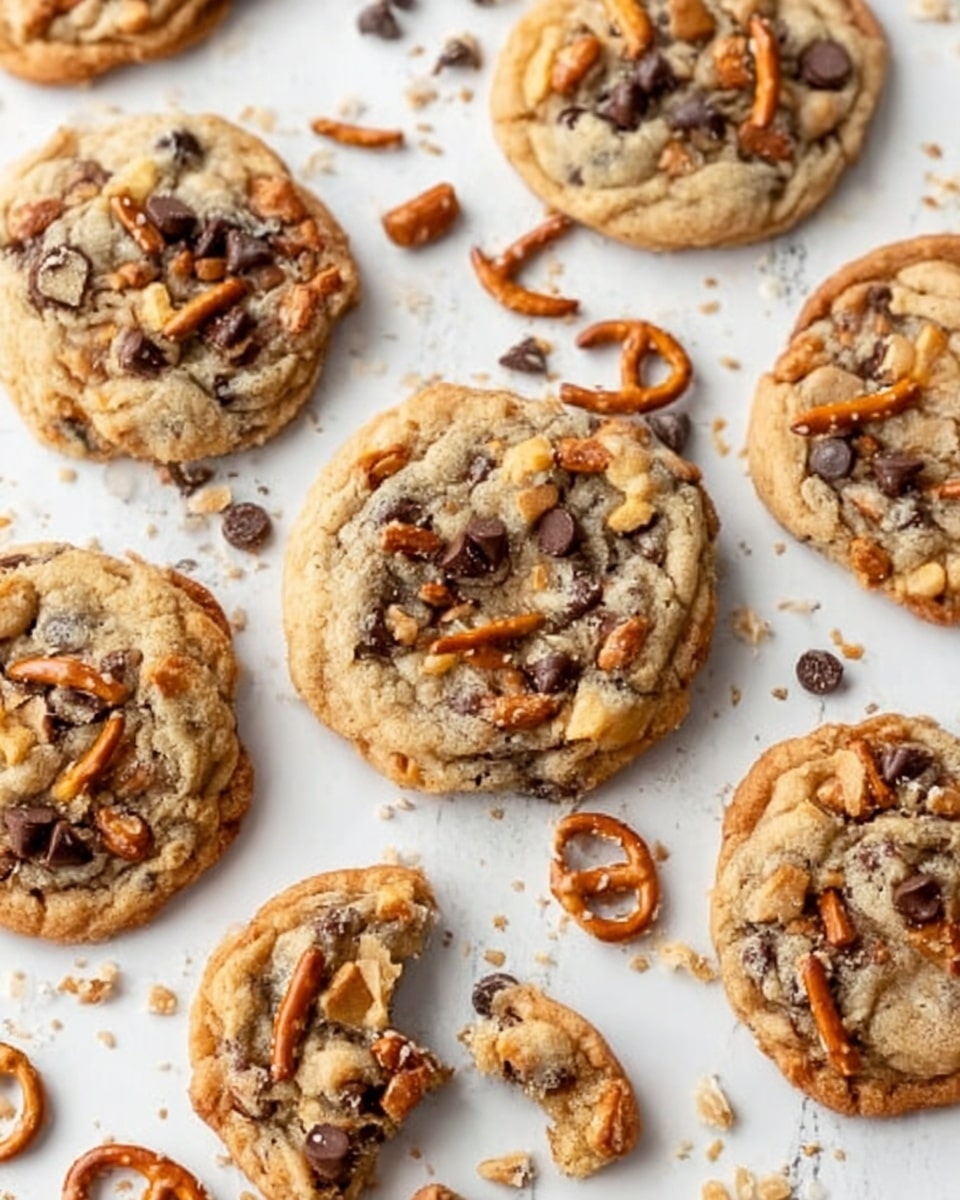 Several round cookies with a golden-brown color sit scattered on a white marbled surface. Each cookie has a rough texture with visible chunks of dark chocolate chips and pieces of salted pretzels, showing a mix of light brown, dark brown, and orange tones. Some cookies are whole while others are broken into pieces around them. Small chocolate chips and pretzel bits lay loose on the surface between the cookies, adding extra texture and detail. Photo taken with an iphone --ar 4:5 --v 7