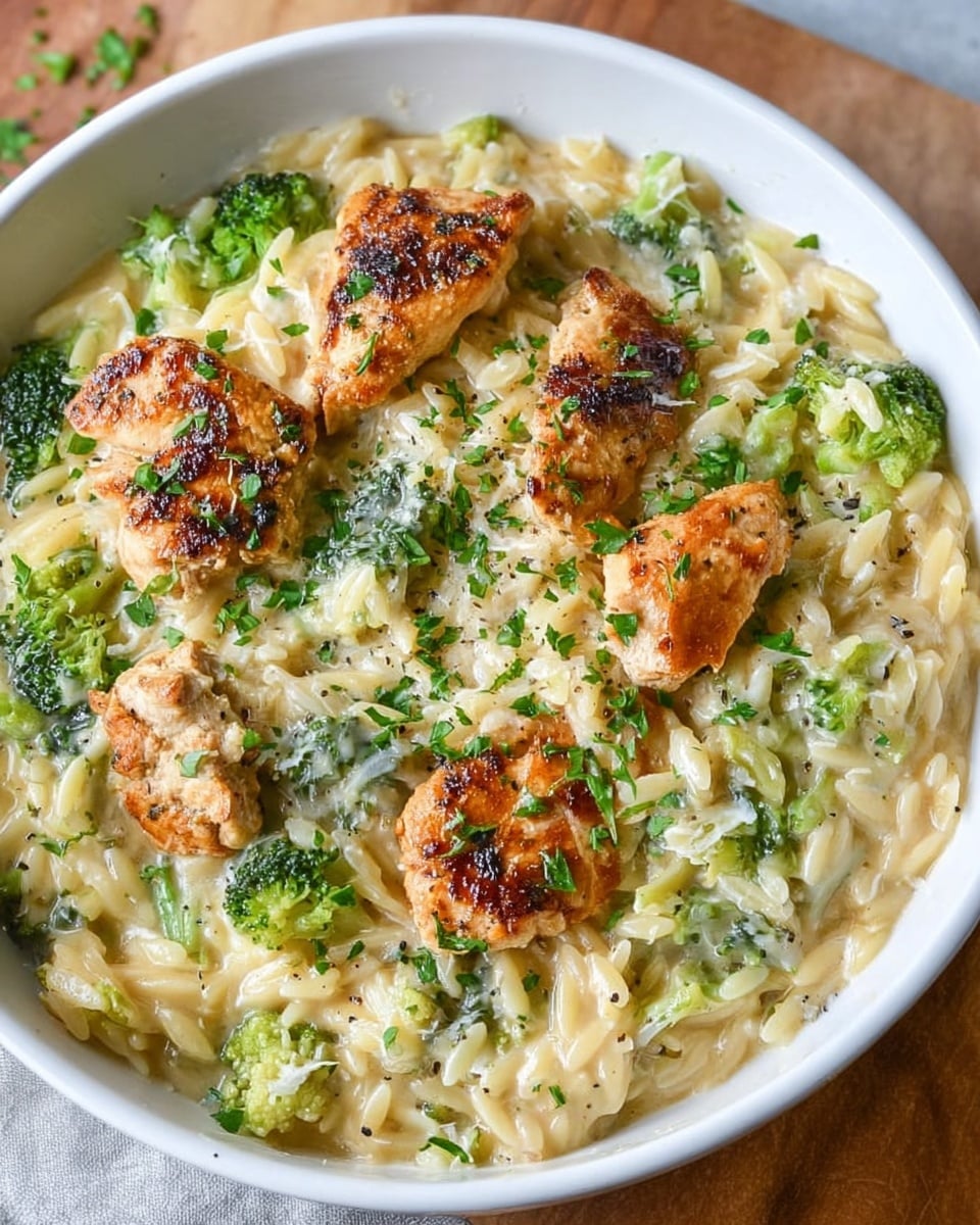 A white bowl holds a creamy orzo pasta base, pale yellow in color with a smooth, slightly thick texture, mixed with bright green broccoli florets scattered evenly throughout. On top are five pieces of golden-brown, seared chicken with a crispy, charred surface and sprinkled with fresh green herbs. The dish is garnished with small bits of chopped parsley and cracked black pepper, adding texture and color contrast. The photo is taken on a wooden surface with soft natural light. Photo taken with an iphone --ar 4:5 --v 7
