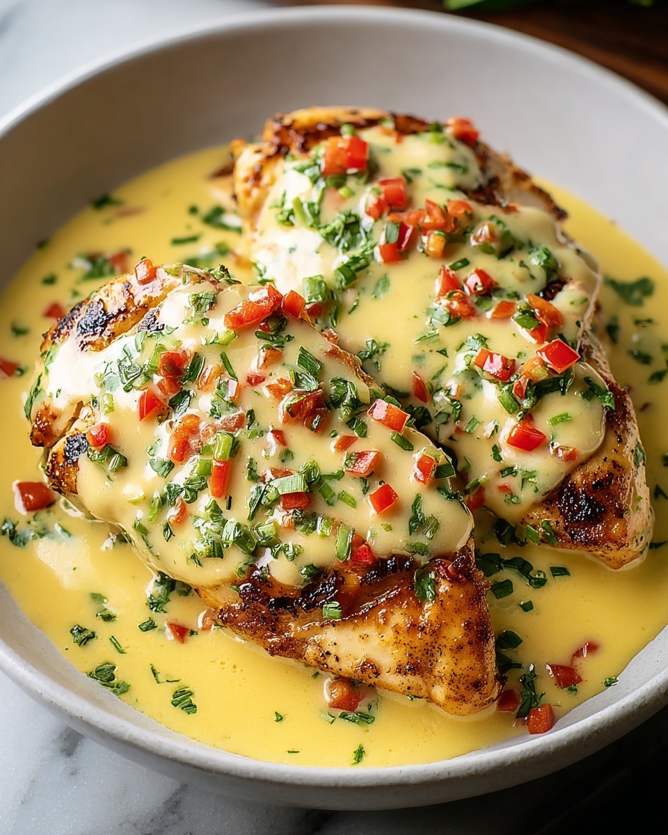 Two pieces of grilled chicken are placed in a white bowl on a white marbled surface. Each piece is covered with creamy yellow sauce that drips down the sides, mixed with small red chili pieces and green chopped herbs sprinkled evenly on top. The chicken has a golden brown color with visible grill marks. The sauce pools slightly around the base of the chicken, adding a smooth texture contrast to the grilled meat. photo taken with an iphone --ar 4:5 --v 7
