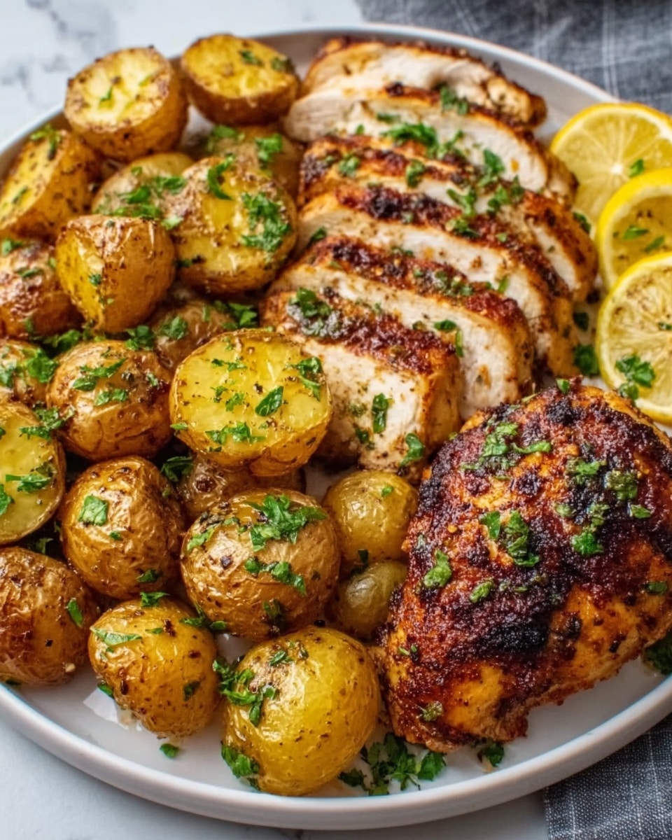 A white plate holds a dish with three main layers: on the right side, sliced grilled chicken breast with a brown, slightly charred crust and juicy inside; scattered all around and to the left of the chicken are small yellow baby potatoes with green herb bits on them; on the far left edge, there are bright yellow lemon slices adding a fresh touch. The food sits on a white marbled surface. photo taken with an iphone --ar 4:5 --v 7