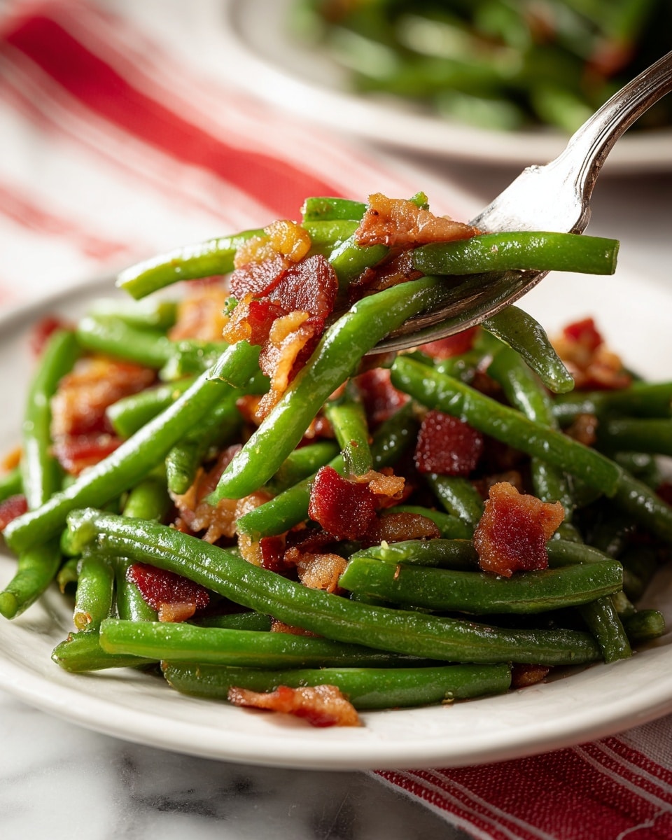 A white plate is filled with bright green cooked green beans mixed with crispy reddish-brown bacon pieces scattered on top and throughout. A silver fork lifts a small bundle of green beans and bacon, showing the shiny texture of the cooked green beans and the slightly crunchy look of the bacon bits. The plate sits on a white marbled surface with a red and white striped cloth beneath it, adding subtle color to the background. Photo taken with an iphone --ar 4:5 --v 7