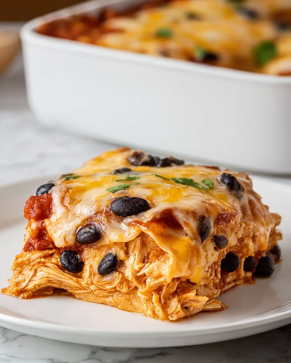 A square piece of layered casserole sits on a white plate on a white marbled surface, with the casserole dish in the background. The dish has three main layers: the bottom layer is shredded cooked chicken with a light brown color and tender texture; the middle layer is black beans mixed with red sauce spreading slightly out from the sides; the top layer is melted golden cheese covering the surface, with some melted cheese stretching slightly downward. The casserole edges are slightly browned, showing it is baked. Photo taken with an iphone --ar 4:5 --v 7