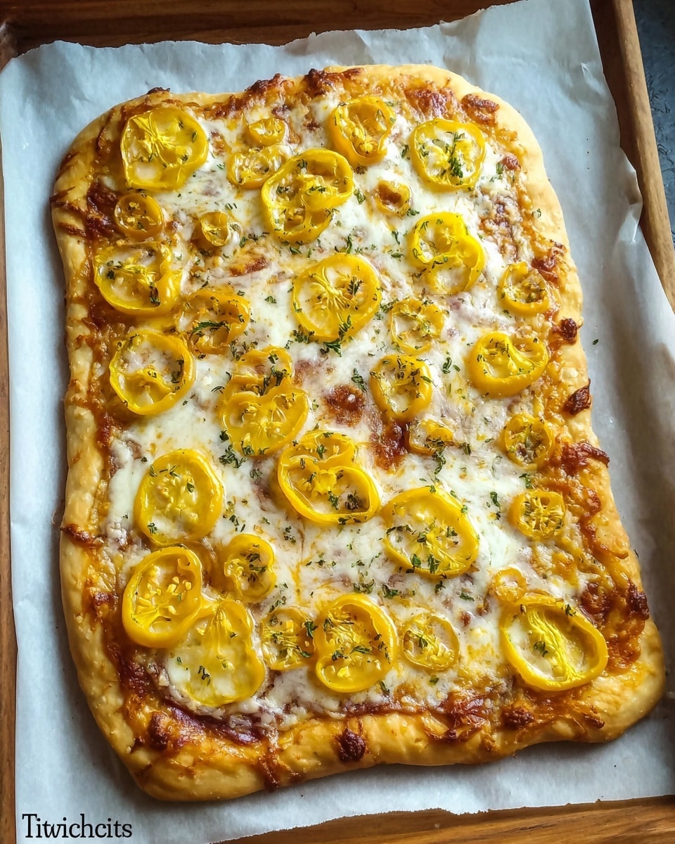 A rectangular pizza with a thick light golden crust is resting on white parchment paper on a wooden tray. The base layer is melted orange-brown cheese spread evenly across the dough. Above that is a layer of melted white cheese with a bubbly texture, slightly browned in spots. Scattered on top are several bright yellow banana pepper rings, each showing seeds and a smooth, slightly shiny surface. Tiny green herb flakes are sprinkled lightly over the cheese and peppers, adding color contrast. photo taken with an iphone --ar 4:5 --v 7