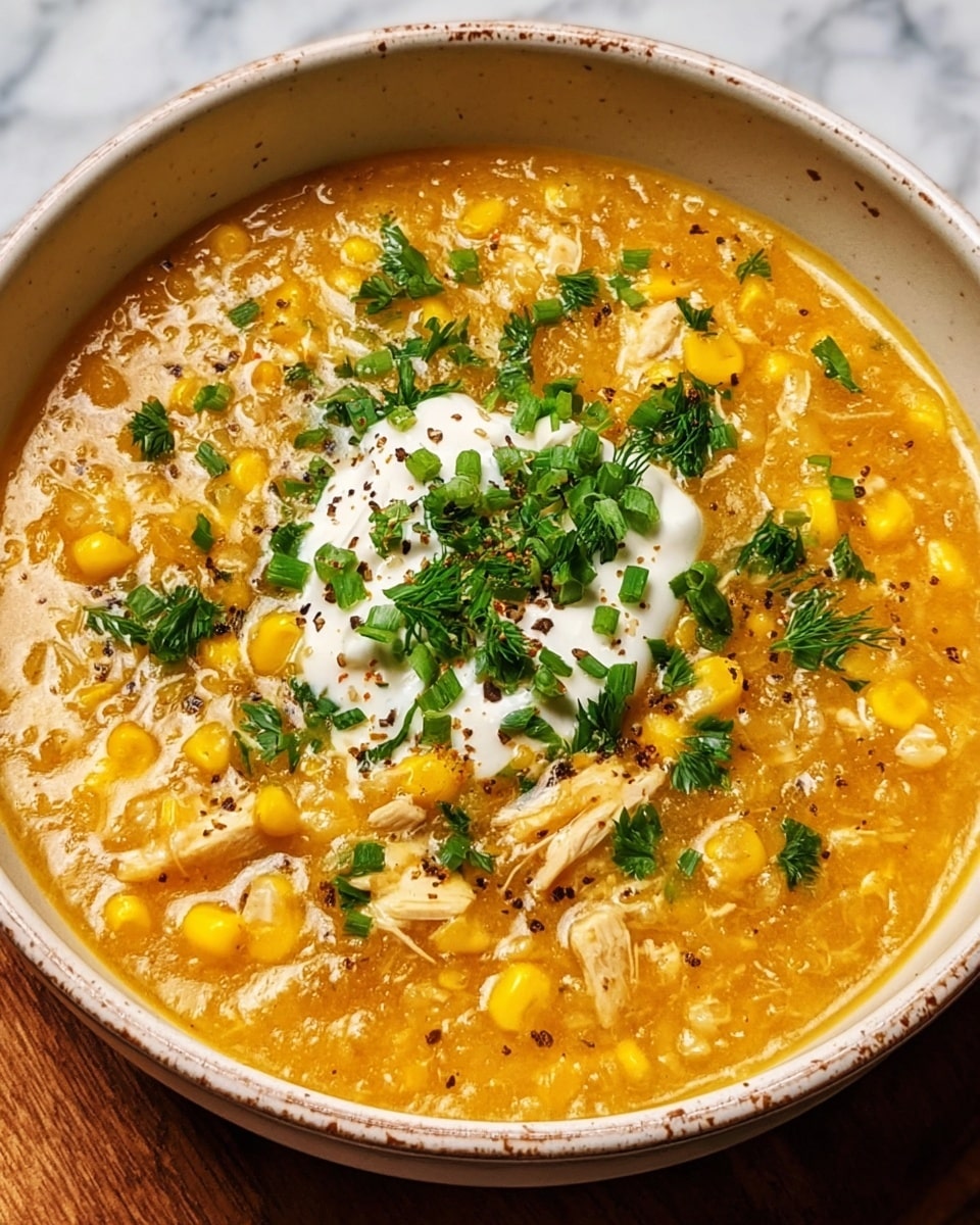 A bowl of thick soup with a warm orange-yellow base filled with visible small chunks of white chicken, bright yellow corn kernels, and finely diced onions scattered throughout; the soup is topped with a dollop of white cream at the center, sprinkled with fresh bright green chopped herbs and small specks of black pepper, all served in a white ceramic bowl with a subtle brown speckle pattern on the rim, placed on a white marbled surface. photo taken with an iphone --ar 4:5 --v 7