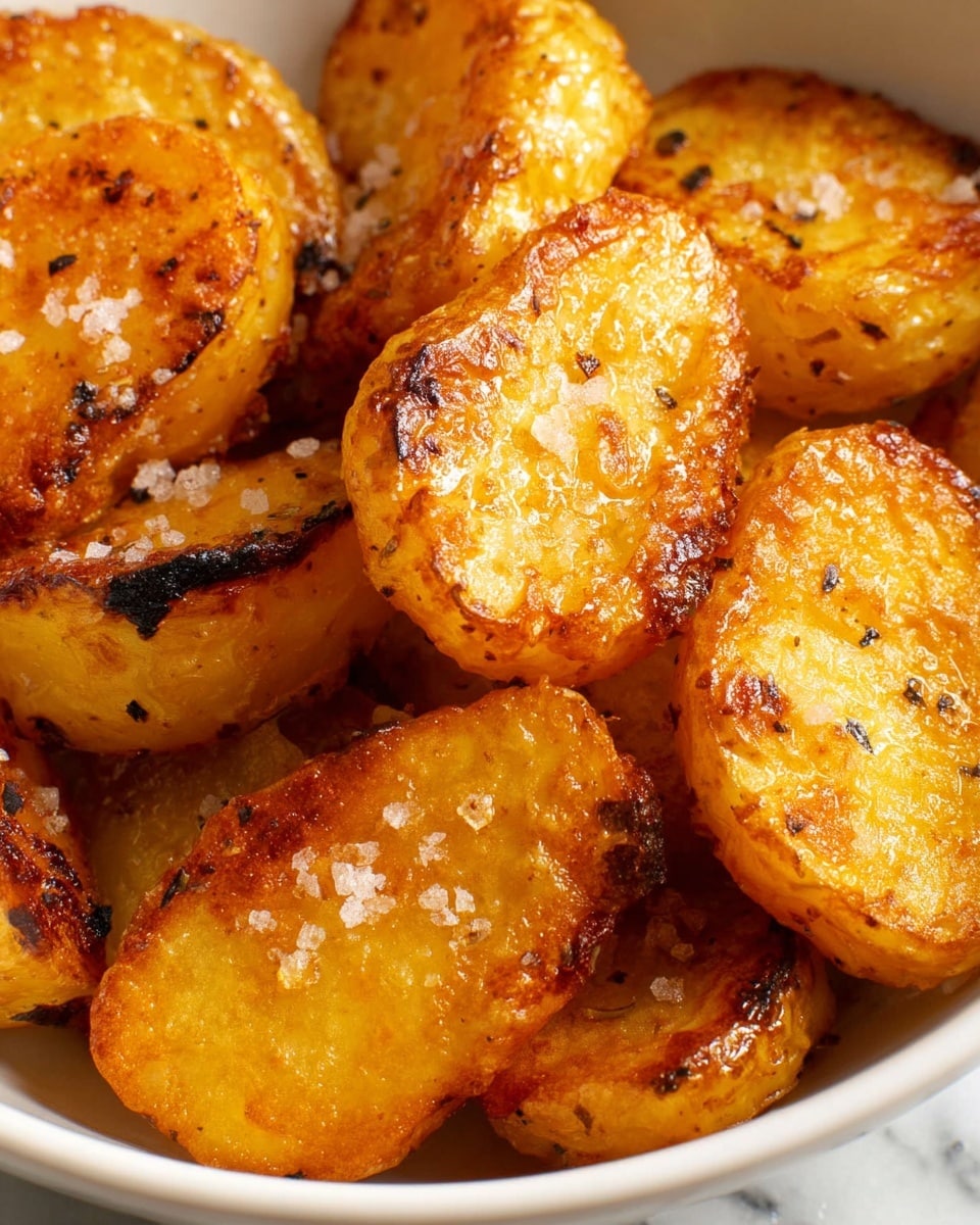 A close-up view of several golden roasted potato pieces in a white bowl, each piece showing a crispy outer layer with some dark brown charred spots. Coarse salt crystals are sprinkled on top, contrasting with the warm orange-yellow color of the potatoes. The texture looks crunchy on the outside and soft inside, with some pieces cut thick and others slightly thinner, all nestled together. The background shows a white marbled texture. photo taken with an iphone --ar 4:5 --v 7