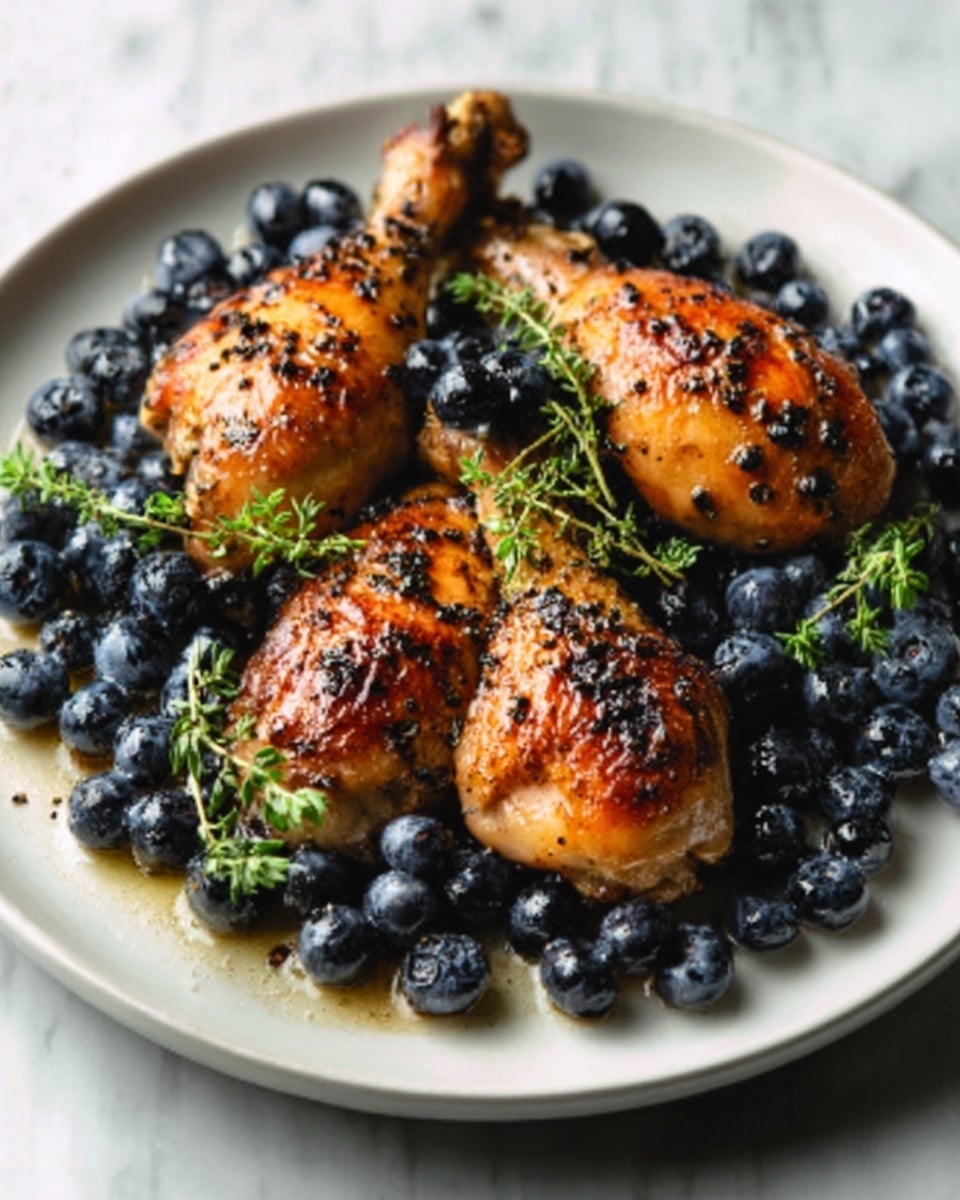The image shows a white plate with three golden-brown roasted chicken drumsticks placed in a triangular shape. The chicken skin is crispy with visible black pepper flakes and herbs on top. Around and partly under the drumsticks, there are many fresh dark blue blueberries scattered, adding a contrast in color and texture. Small green herb sprigs are placed both on the chicken and blueberries, adding a fresh touch. The whole dish looks glossy from a light sauce coating, with the white marbled surface visible softly behind the plate. photo taken with an iphone --ar 4:5 --v 7