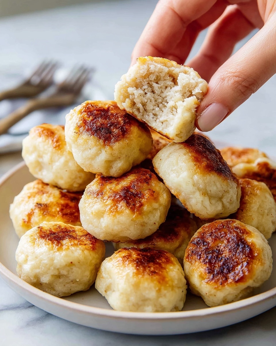 A white round plate holds a pile of golden brown, bite-sized biscuit-like dumplings with a rough, bumpy texture on the outside. One dumpling is broken in half and held above the pile by a woman's hand, showing a dense and soft interior with a slightly crumbly texture and a beige color. The dumplings have a slightly shiny surface and are browned more on the rounded bottom edges, giving a toasted look. The plate rests on a white marbled surface with a fork partially visible to the left side. photo taken with an iphone --ar 4:5 --v 7