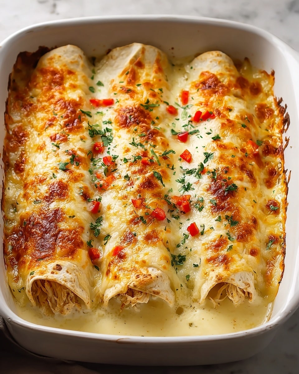 Four rolled enchiladas sit side by side in a white baking dish, each covered with melted, golden-brown cheese that has bubbly and slightly crispy edges. Inside, the enchiladas are filled with shredded chicken that is tender and pale, peeking out from the open ends. The dish is topped with small bits of chopped red peppers and sprinkled with fresh green herbs, adding a pop of color. The creamy sauce pools gently around the base of the enchiladas, giving everything a rich and gooey texture. The scene rests on a white marbled texture. photo taken with an iphone --ar 4:5 --v 7