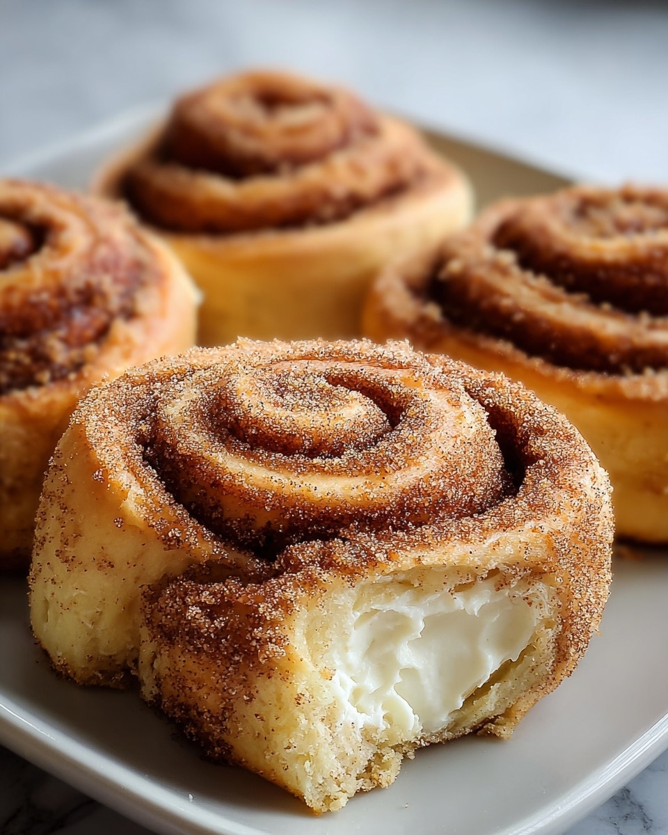 A close-up view of four cinnamon rolls on a white plate, each roll showing multiple layers of soft, golden-brown dough spiraled tightly with a thick coating of cinnamon sugar crystals on the surface giving a textured, slightly crunchy appearance. The front roll is cut open revealing an inner layer of smooth, creamy white frosting visible near the center, contrasting with the darker cinnamon-coated layers. The background is softly blurred with a white marbled texture surface beneath the plate, giving a clean and light feel to the image. photo taken with an iphone --ar 4:5 --v 7