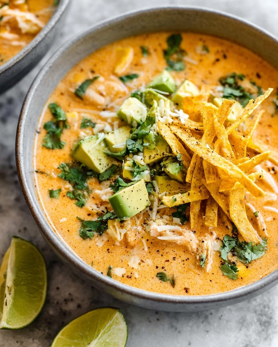 A bowl of creamy orange soup filled with white beans and bits of chicken, topped with crispy, thin yellow tortilla strips, small cubes of bright green avocado, shredded white and orange cheese, and chopped fresh green cilantro sprinkled with black pepper. Half a lime rests on the white marbled surface beside the bowl, and the bowl itself is a simple gray with a smooth texture. The scene is bright and fresh, showing a close-up view of the rich, textured soup with colorful toppings. photo taken with an iphone --ar 4:5 --v 7