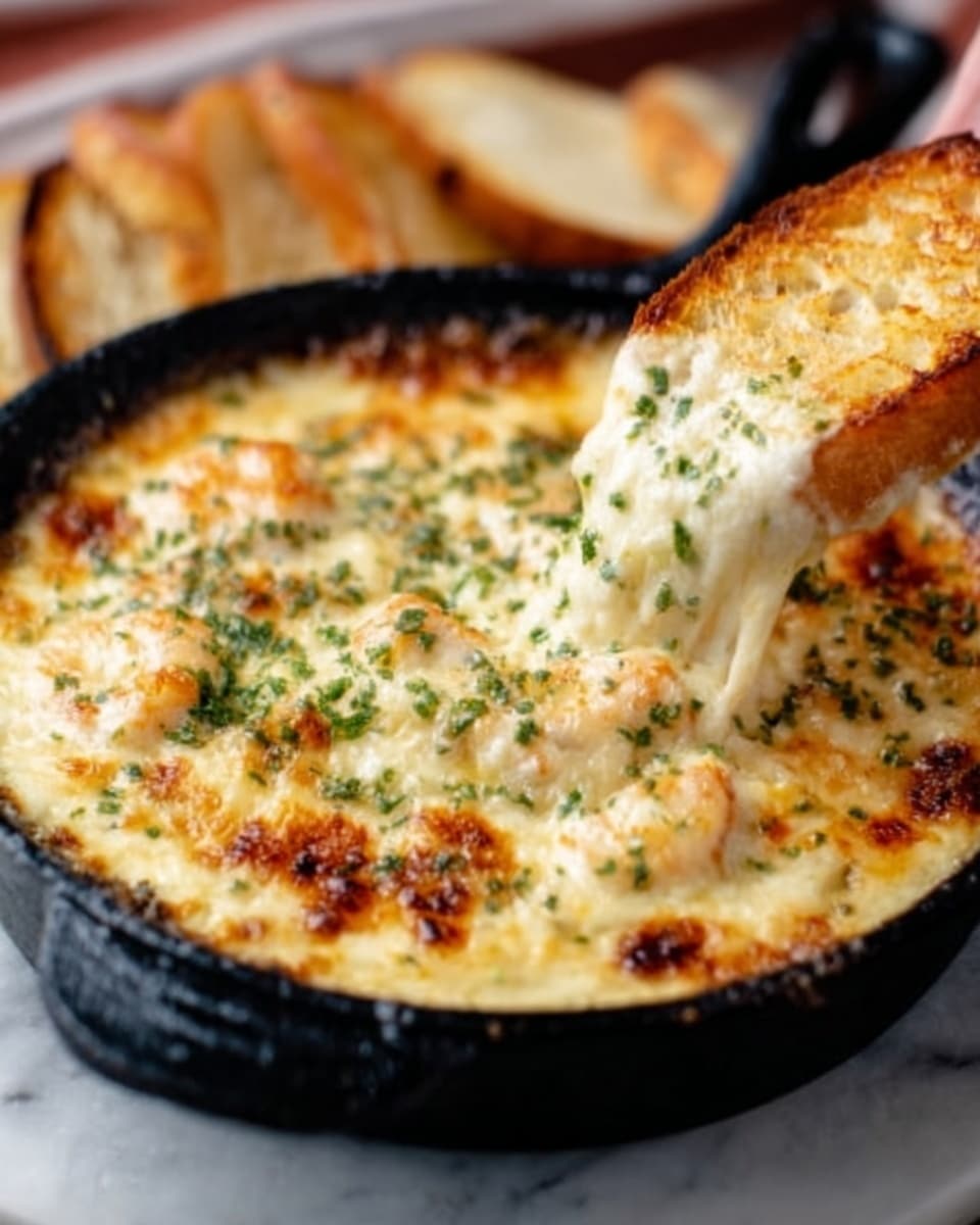 A round black skillet filled with baked, golden-brown melted cheese on top, showing small green herb sprinkles and browned spots, giving a creamy and gooey texture. A slice of toasted bread is dipping into the cheese from the upper right corner, held by a woman's hand. The skillet is placed on a white marbled surface with a blurred warm striped cloth in the background. photo taken with an iphone --ar 4:5 --v 7