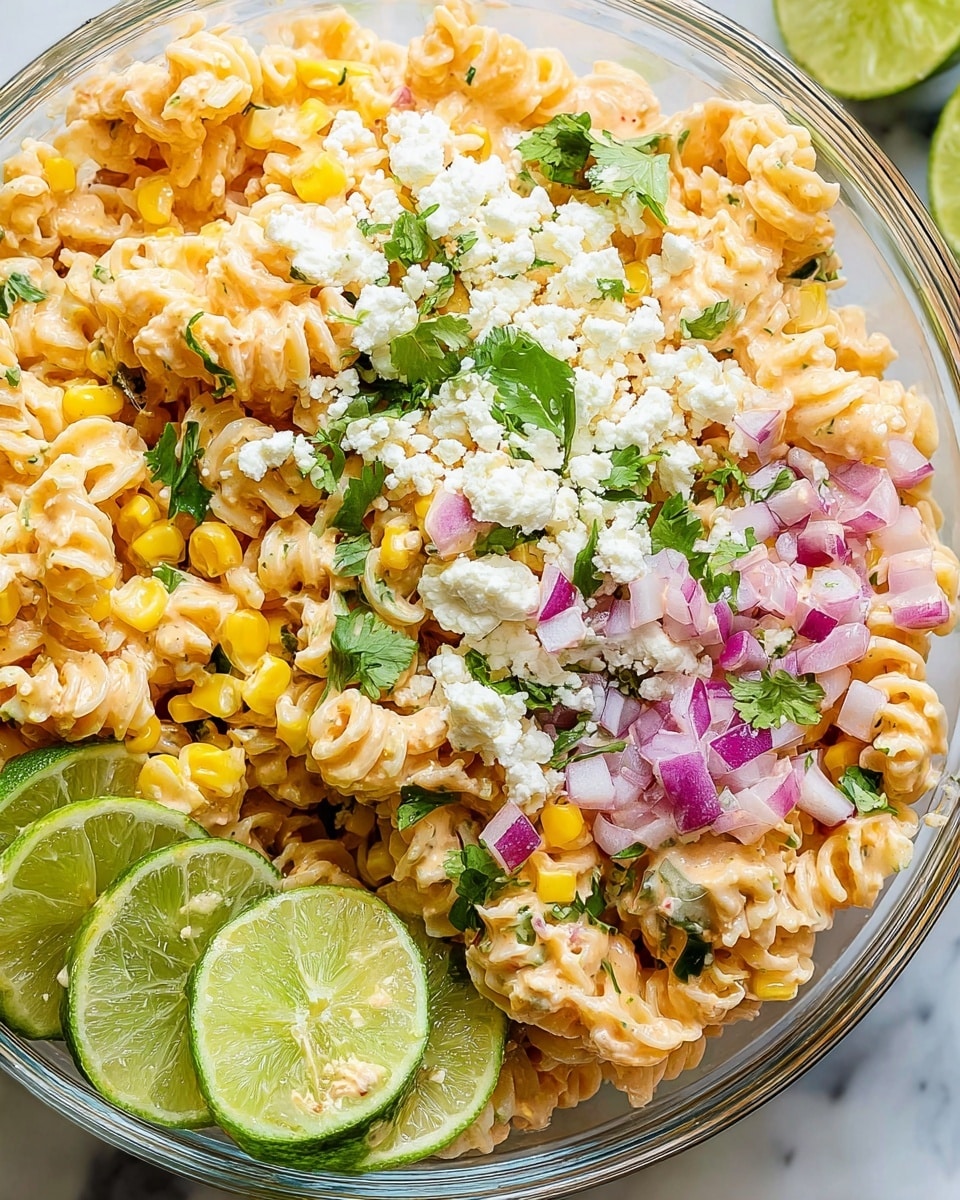 A clear bowl filled with a textured pasta salad showing two layers: the first layer has pale yellow ruffled pasta mixed with small bright yellow corn kernels and bits of red onion, all coated in a creamy, slightly orange sauce; the second layer on top displays crumbled white cheese, diced purple-red onions, fresh green cilantro leaves, and scattered corn pieces, finished with three bright green lime wedges placed around the bowl edge, all set against a white marbled surface. photo taken with an iphone --ar 4:5 --v 7