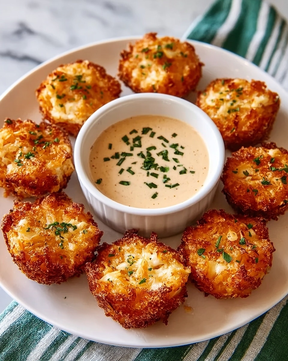 The image shows a white plate with nine crispy, golden-brown mini crab cakes, each with a slightly rough and crunchy texture on the outside and a soft, creamy inside. The crab cakes are arranged in a circle around a small white bowl filled with a smooth, light beige dipping sauce that has green herbs sprinkled on top. The plate sits on a white marbled surface with a green and white striped cloth partially under it. photo taken with an iphone --ar 4:5 --v 7