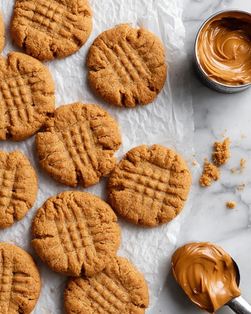 The image shows a group of golden brown peanut butter cookies with a crisscross pattern on top spread out on white parchment paper over a white marbled surface. There is a small open can of smooth peanut butter placed near the cookies, showing a shiny, creamy swirl inside. A metal scoop with some crumbs rests to the right side on the white marbled texture. The close-up viewpoint highlights the cookies' crumbly yet soft texture and the smoothness of the peanut butter. Photo taken with an iphone --ar 4:5 --v 7