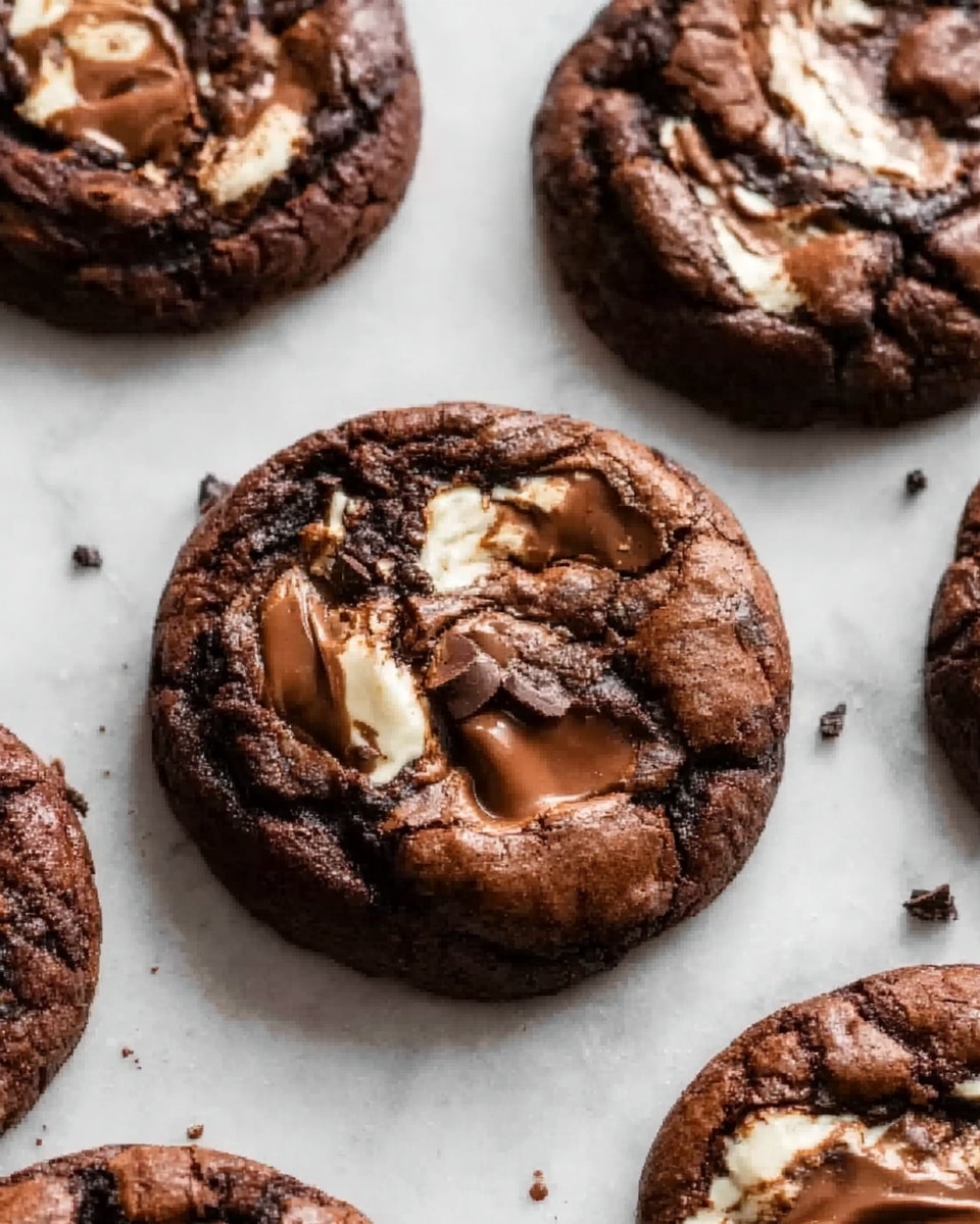The image shows several round chocolate cookies on a white marbled surface. Each cookie has a rich dark brown color with cracked textures on the top, revealing a slightly softer inside. Marble-like swirls of melted milk chocolate create lighter brown patterns spread unevenly across the tops. The cookies look thick and soft, with rough edges and some small chunks of chocolate embedded in the dough. Photo taken with an iphone --ar 4:5 --v 7