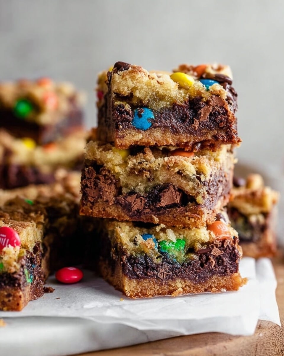 A close-up view of a stack of thick square dessert bars placed on white parchment paper over a white marbled surface. Each bar has two layers: the bottom layer is dense and dark brown, resembling rich chocolate, and the top layer is lighter golden brown with a crumbly texture, studded with colorful candy-coated chocolate pieces in red, yellow, green, blue, and orange scattered throughout. The bars are stacked unevenly, showing gooey chocolate chunks melting inside the bars, with the colors and textures clearly visible. The background is softly blurred with a neutral tone and a hint of natural light coming from the side. photo taken with an iphone --ar 4:5 --v 7