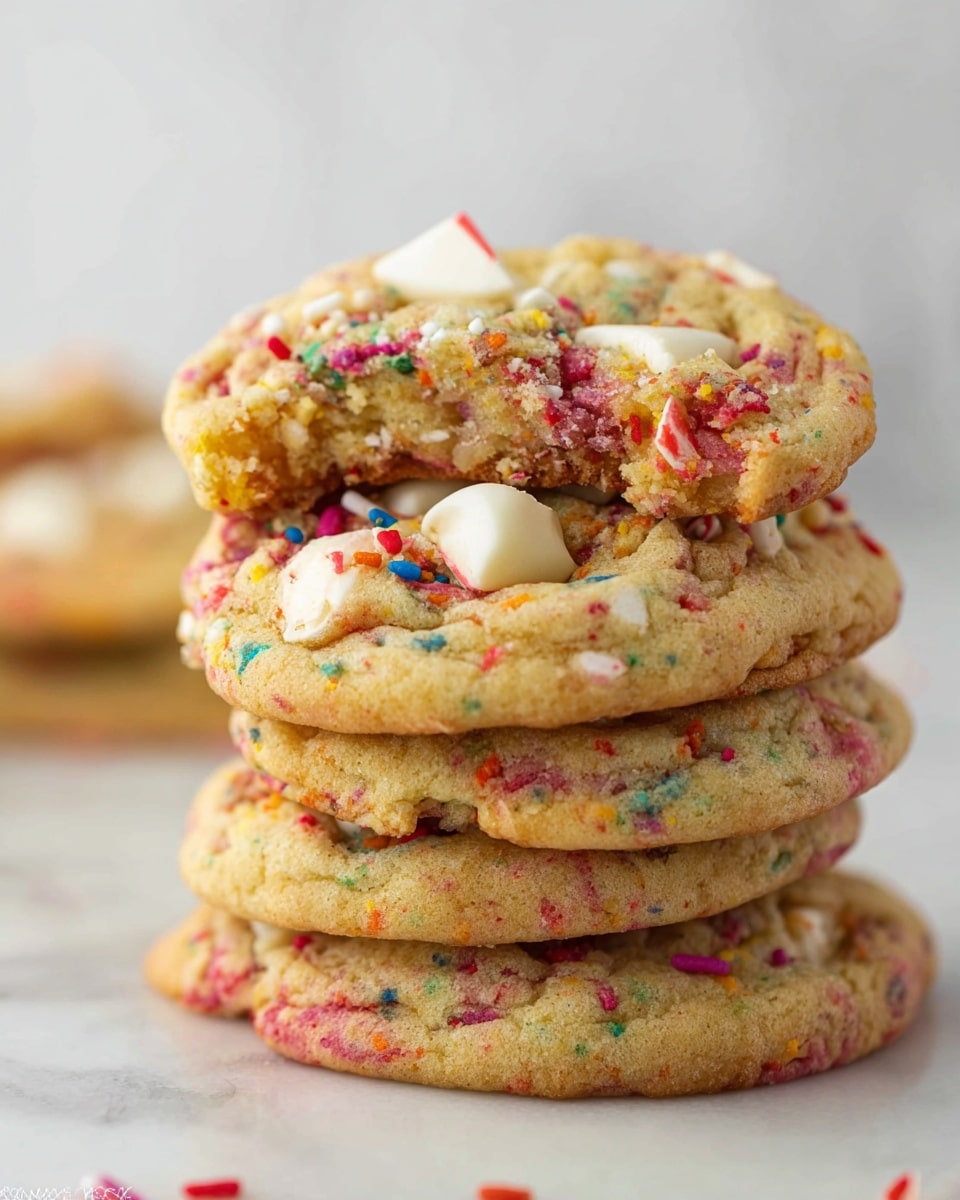 A close-up view of a stack of four thick, soft cookies with a light golden-brown color, each studded with bright, colorful sprinkles and large chunks of white and red candy pieces scattered throughout. The cookies have a slightly crinkled texture with visible bits of candy and sprinkles embedded in each layer. They sit on a white marbled surface that adds a clean, bright contrast to the vibrant colors in the cookies. The top cookie shows broken candy pieces clearly, adding texture and interest to the overall stack. Photo taken with an iphone --ar 4:5 --v 7