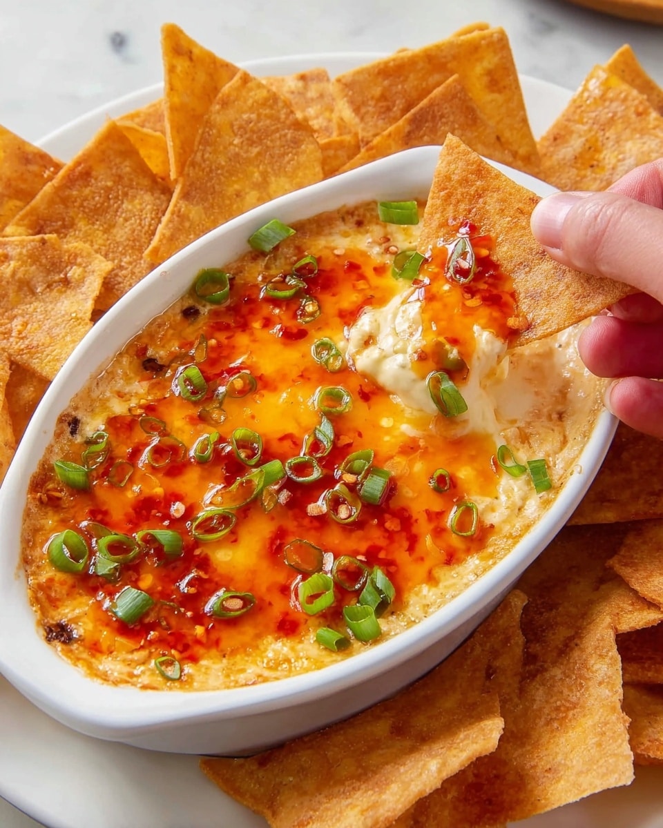 A white oval dish filled with a two-layer dip placed on a white marbled surface; the bottom layer is creamy and light beige with a smooth texture, slightly scooped on one side with a woman's hand dipping a golden-brown, crispy chip showing the creamy dip clinging to it. The top layer is a glossy, bright orange sweet chili sauce with small red chili flakes and green sliced scallions sprinkled evenly. Around the dish, there are many triangular, crispy, golden-brown chips scattered on a white plate. Photo taken with an iphone --ar 4:5 --v 7