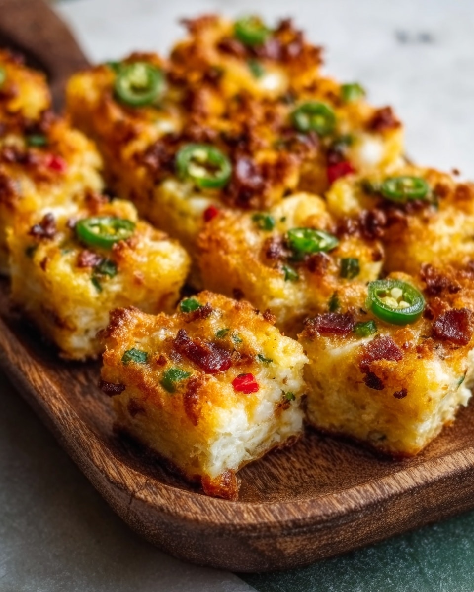 The image shows a wooden tray filled with small square-shaped savory bites. Each piece has a crispy golden brown top layer with melted cheese, sprinkled with bits of green chilies and small red pepper slices. The texture is crunchy on top with softer insides, and the pieces are arranged closely in rows. The tray rests on a white marbled surface, giving a clean and simple look. Photo taken with an iphone --ar 4:5 --v 7