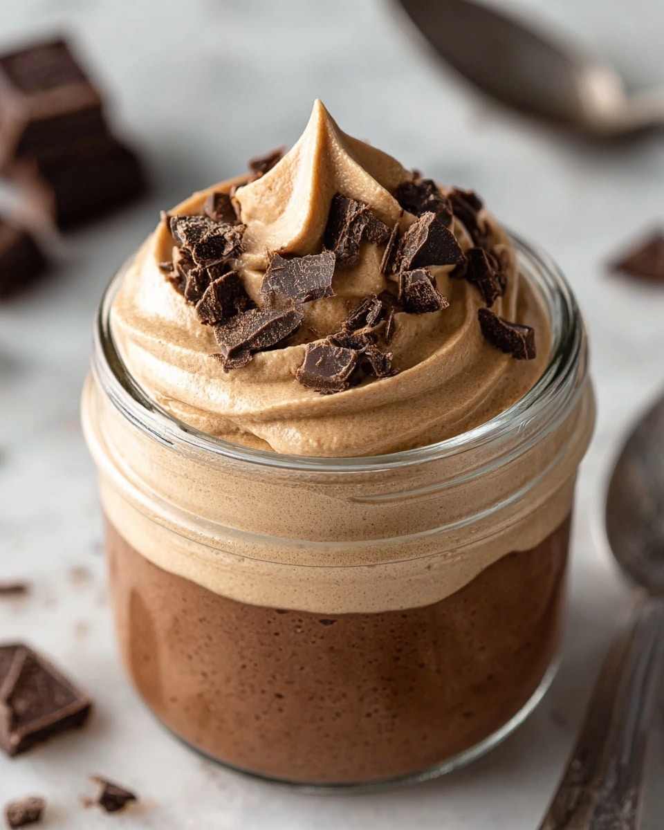 A clear glass jar filled with two thick layers of creamy dessert sits on a white marbled surface. The bottom layer is a smooth, dark brown mousse with a dense texture, topped by a lighter tan whipped layer that is swirled in a soft peak shape. Scattered on top are rough, dark chocolate pieces that add contrast and texture. In the background, small chocolate chunks are blurred, and a silver spoon is placed nearby. The overall look is rich and inviting, with a cozy, homemade feel. photo taken with an iphone --ar 4:5 --v 7