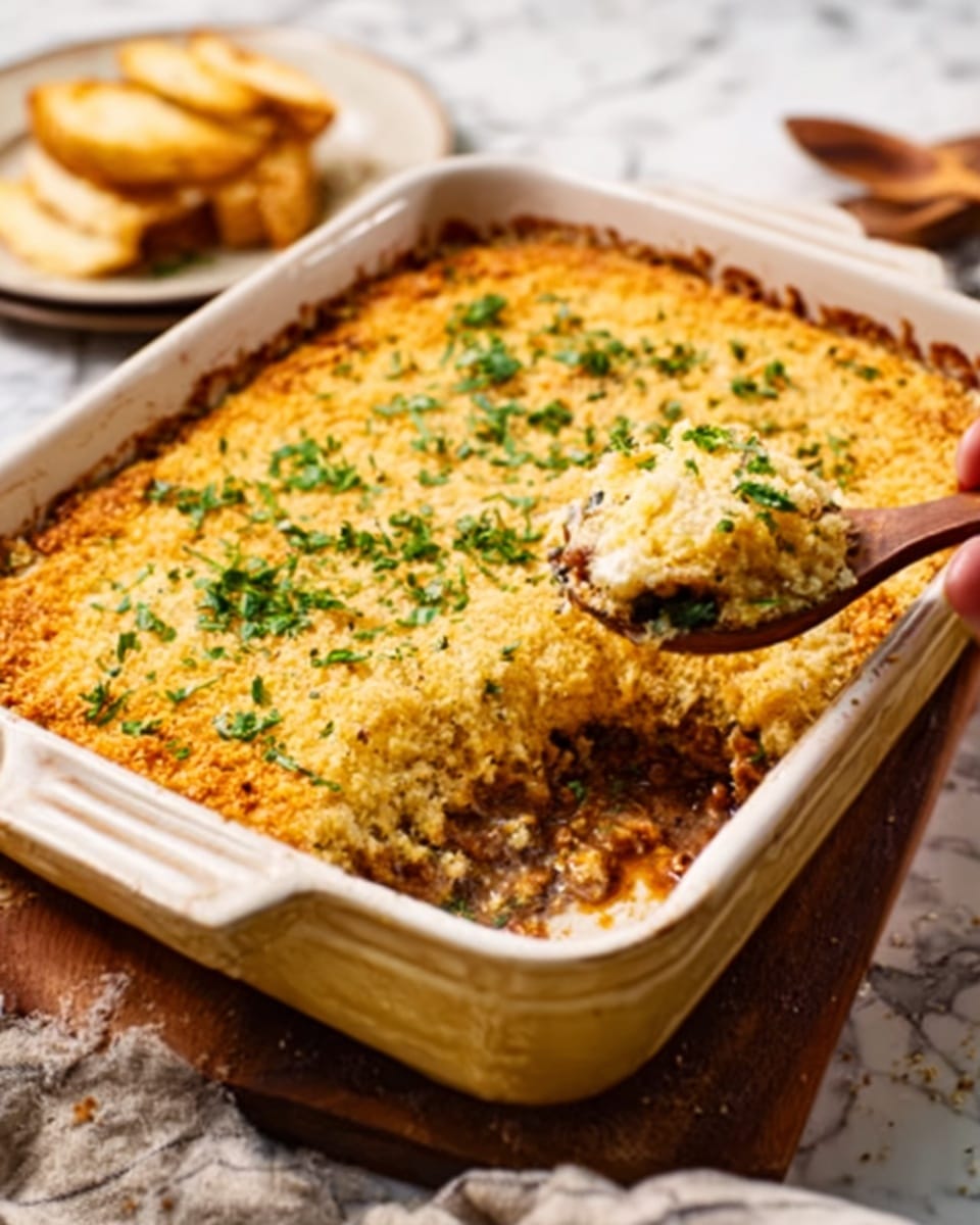 A close-up view of a baked dish in a white ceramic casserole dish with yellow on the inside and gray on the outside, filled with a layered casserole. The top layer is golden brown with a crispy breadcrumb texture and is sprinkled with fresh green chopped herbs. Below the top crust, visible parts show a rich, saucy interior with a mix of brown and orange tones, indicating a hearty filling. A white plate at the front holds a serving of the casserole, showing soft layers with sauce and filling. The background is a white marbled surface with a wooden spoon nearby. Photo taken with an iphone --ar 4:5 --v 7