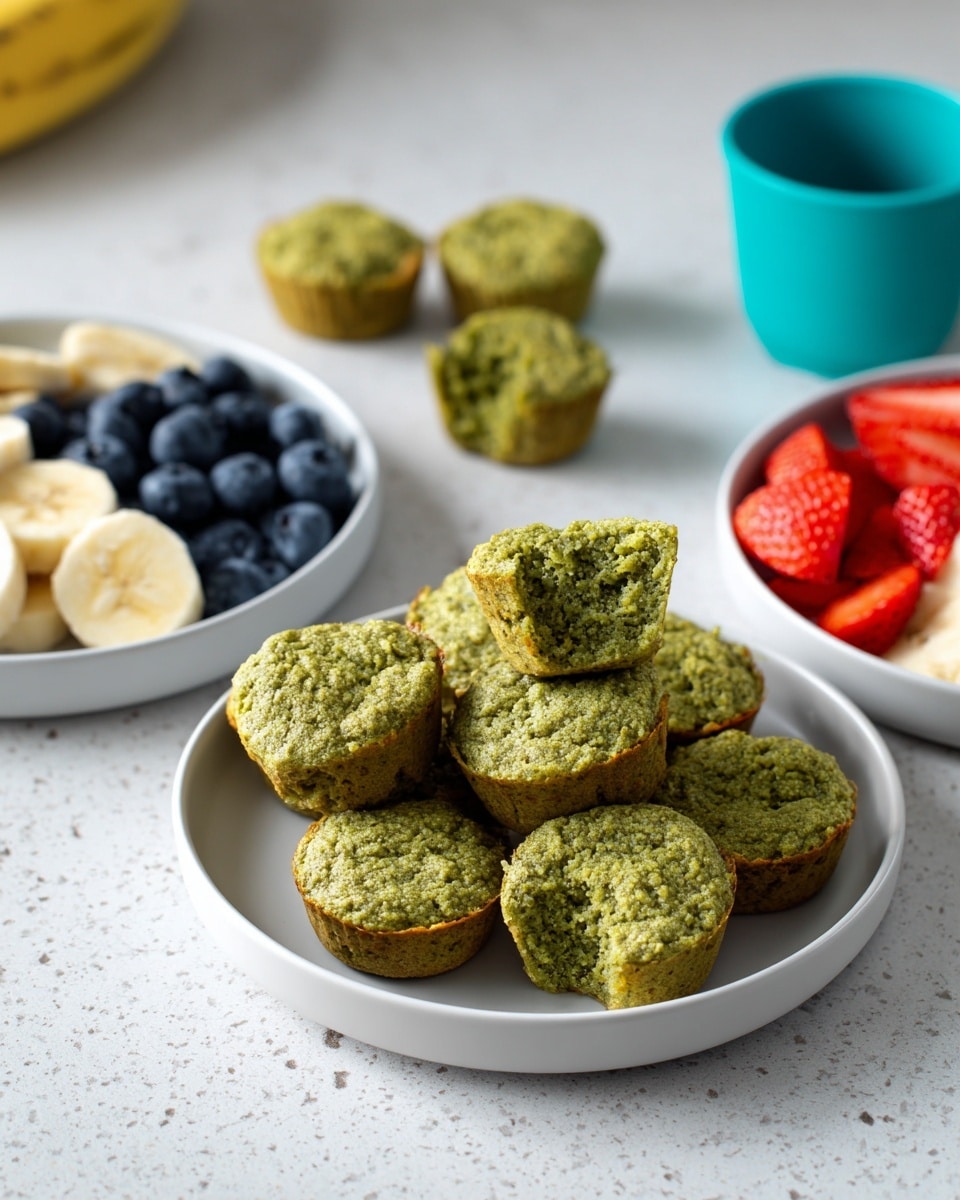 The image shows three white plates on a white marbled surface, each with green mini muffins that have a rough, slightly crumbly texture. The plate in the center has the most muffins, stacked unevenly with some muffins upright and others laying flat, showing their green interior crumb. The plate on the left has fewer muffins with slices of banana and a small pile of blueberries arranged neatly in one section. The plate on the right holds fewer muffins with two pieces of bright red strawberries placed beside them. In the background, a blue cup adds a pop of color. photo taken with an iphone --ar 4:5 --v 7