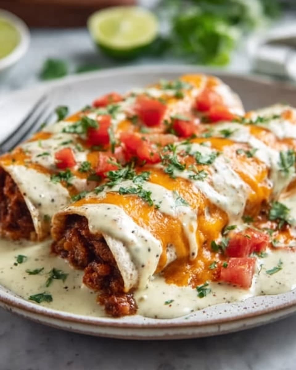 The dish shows two rolled tortillas filled with a mix of ground meat and beans, placed side by side on a white plate. Each tortilla is covered in layers: first a smooth creamy white sauce with specks of black pepper, then bright orange melted cheese on top. Small pieces of fresh red tomato and chopped green cilantro are sprinkled over the sauce. The white plate sits on a white marbled surface with a blurred background of green lime slices and a woman's hand holding a fork near the plate. photo taken with an iphone --ar 4:5 --v 7