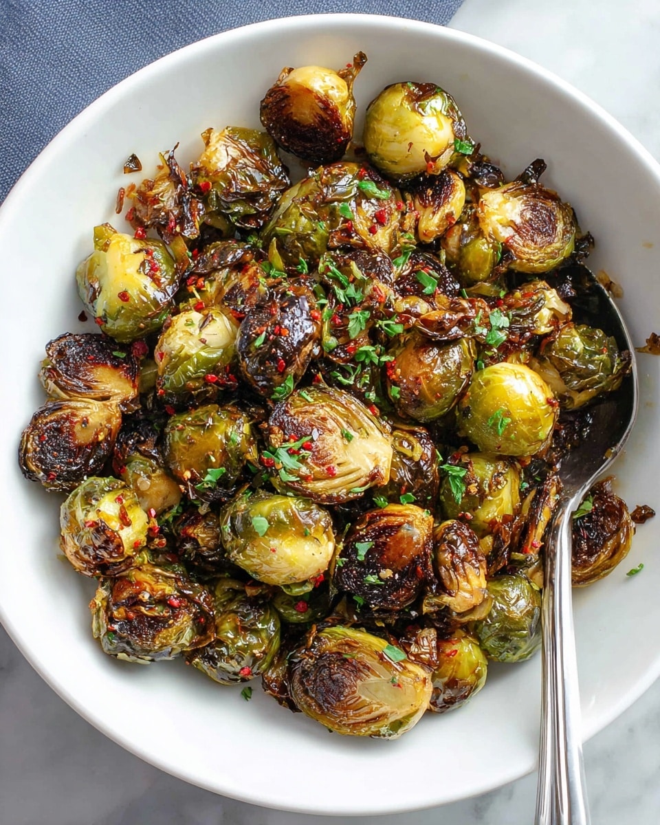 A white bowl filled with roasted Brussels sprouts that have a mix of colors: golden brown, dark charred parts, and green spots. The sprouts are cooked until crispy with some edges curled and textured. Small pieces of red chili flakes and chopped green herbs are sprinkled on top, adding subtle touches of red and green. A silver spoon rests inside the bowl on the lower right side. The bowl is placed on a white marbled surface. photo taken with an iphone --ar 4:5 --v 7