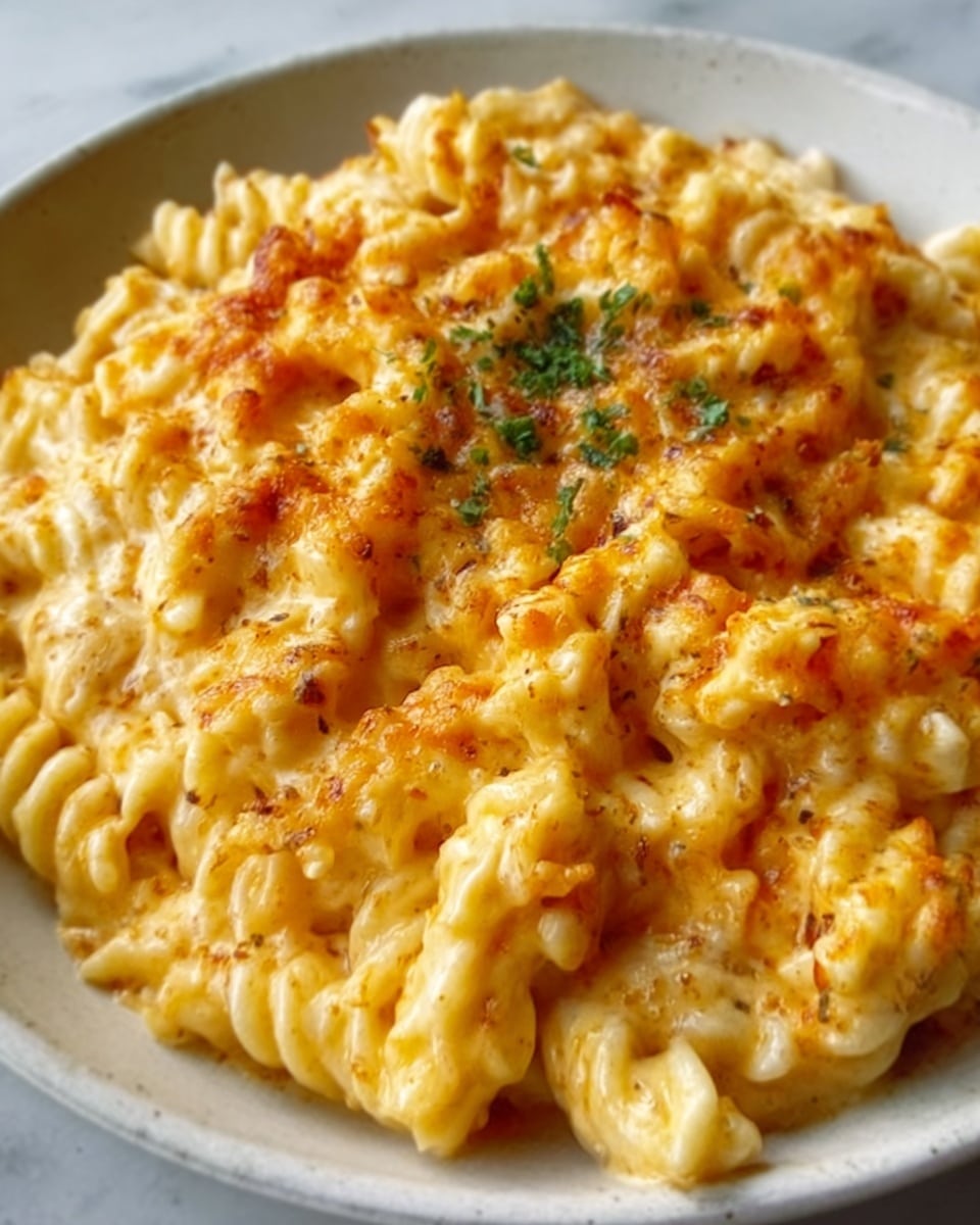 The image shows a close-up of a white plate filled with creamy macaroni and cheese made with spiral-shaped pasta. The top layer has a golden-brown crust with some melted cheese spots and a sprinkle of green herbs in the middle for garnish. The cheese sauce is smooth, rich, and yellow-orange in color, coating each noodle. The plate sits on a white marbled surface. Photo taken with an iphone --ar 4:5 --v 7