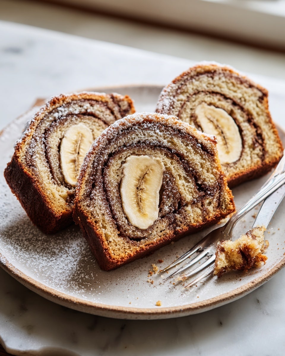 Three slices of banana swirl bread are arranged side by side on a white plate with a slightly rough texture. Each slice shows thick layers of light brown bread dough with darker brown swirls of cinnamon or chocolate, and a full banana slice embedded in the center of each piece. There is a light dusting of powdered sugar sprinkled over the bread and plate, with some crumbs scattered around. A fork resting on the right side of the plate holds a small piece of the bread. The whole scene is set on a white marbled surface with soft natural light coming from a window in the background. Photo taken with an iphone --ar 4:5 --v 7