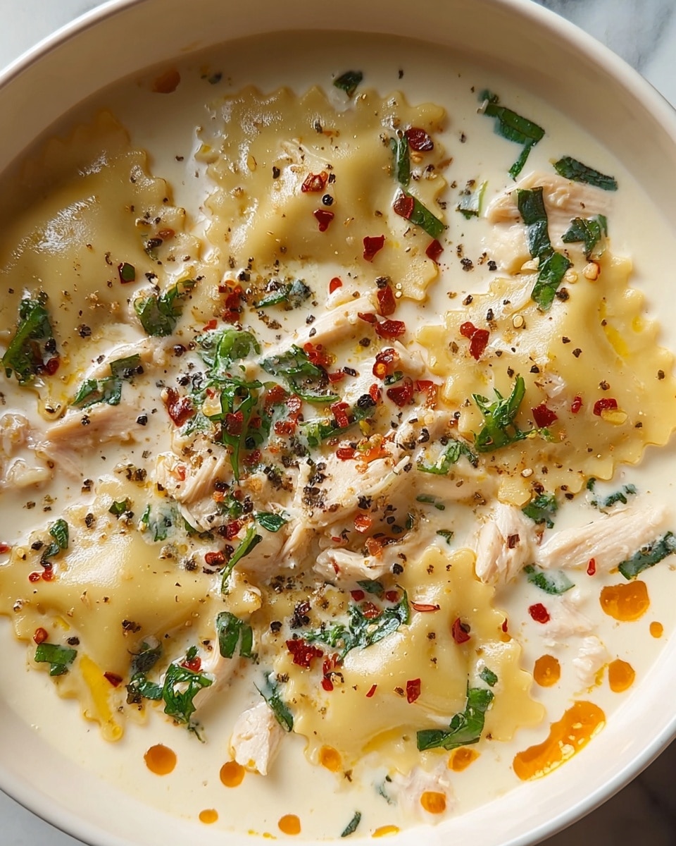 The dish is served in a white bowl with creamy white broth as the base layer, speckled with small orange oil droplets. The second layer features large square ravioli pasta with ruffled edges, pale yellow in color, floating throughout the broth. Scattered on top are small pieces of light pink chicken and finely chopped dark green herbs. There are also red flakes of chili and ground black pepper sprinkled over the surface, adding texture and color contrast. The soup looks rich and creamy with a mix of smooth and chunky textures, placed on a white marbled surface. photo taken with an iphone --ar 4:5 --v 7