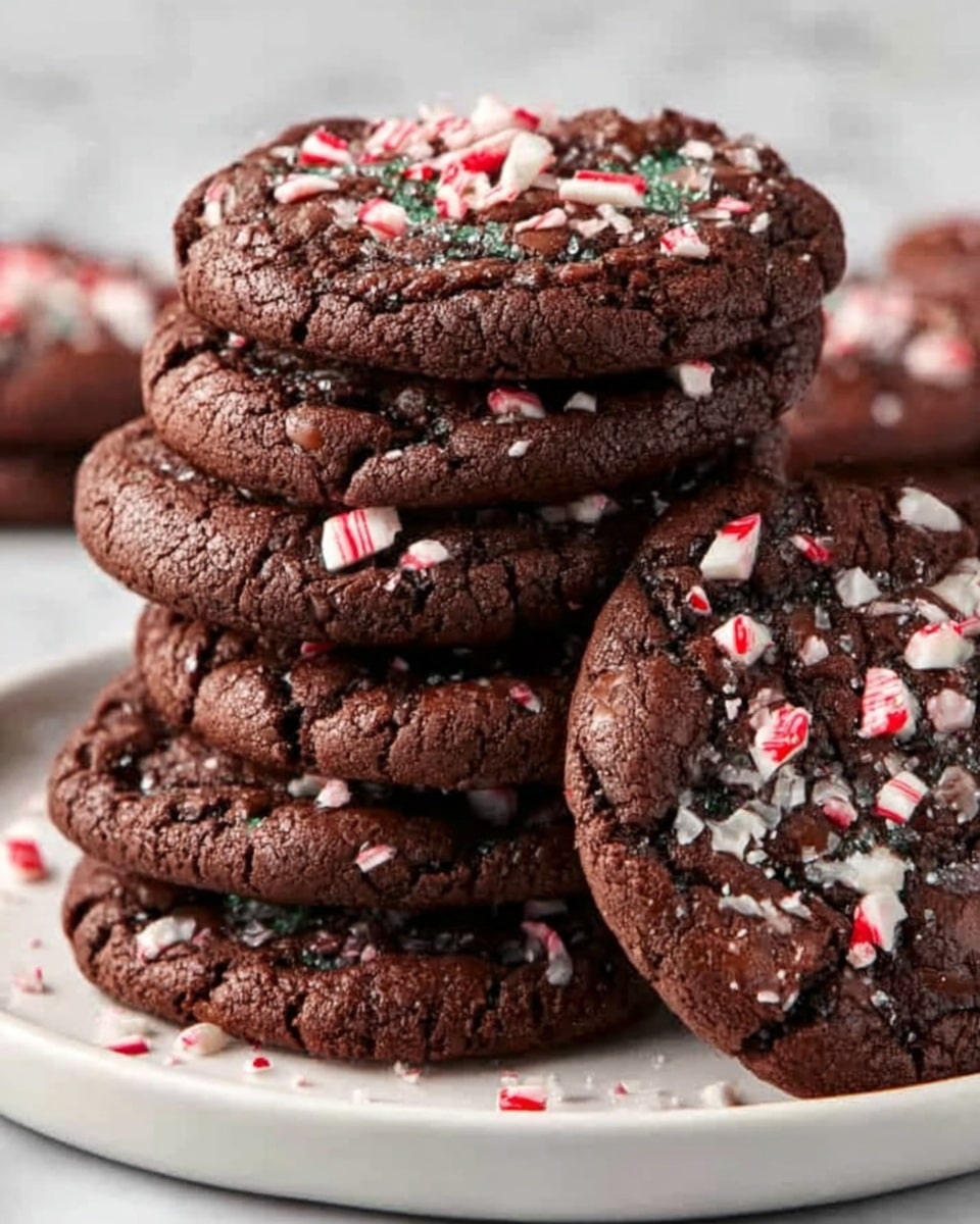 A stack of seven thick, round chocolate cookies sits on a white plate, each cookie featuring a cracked surface with visible chunks of crushed red and white peppermint candy scattered on top, adding a festive touch. The cookies are deep brown with a slightly glossy texture from melted chocolate, and the peppermint pieces create bright, contrasting patches of red and white. The plate rests on a white marbled surface, enhancing the rich colors of the cookies. photo taken with an iphone --ar 4:5 --v 7