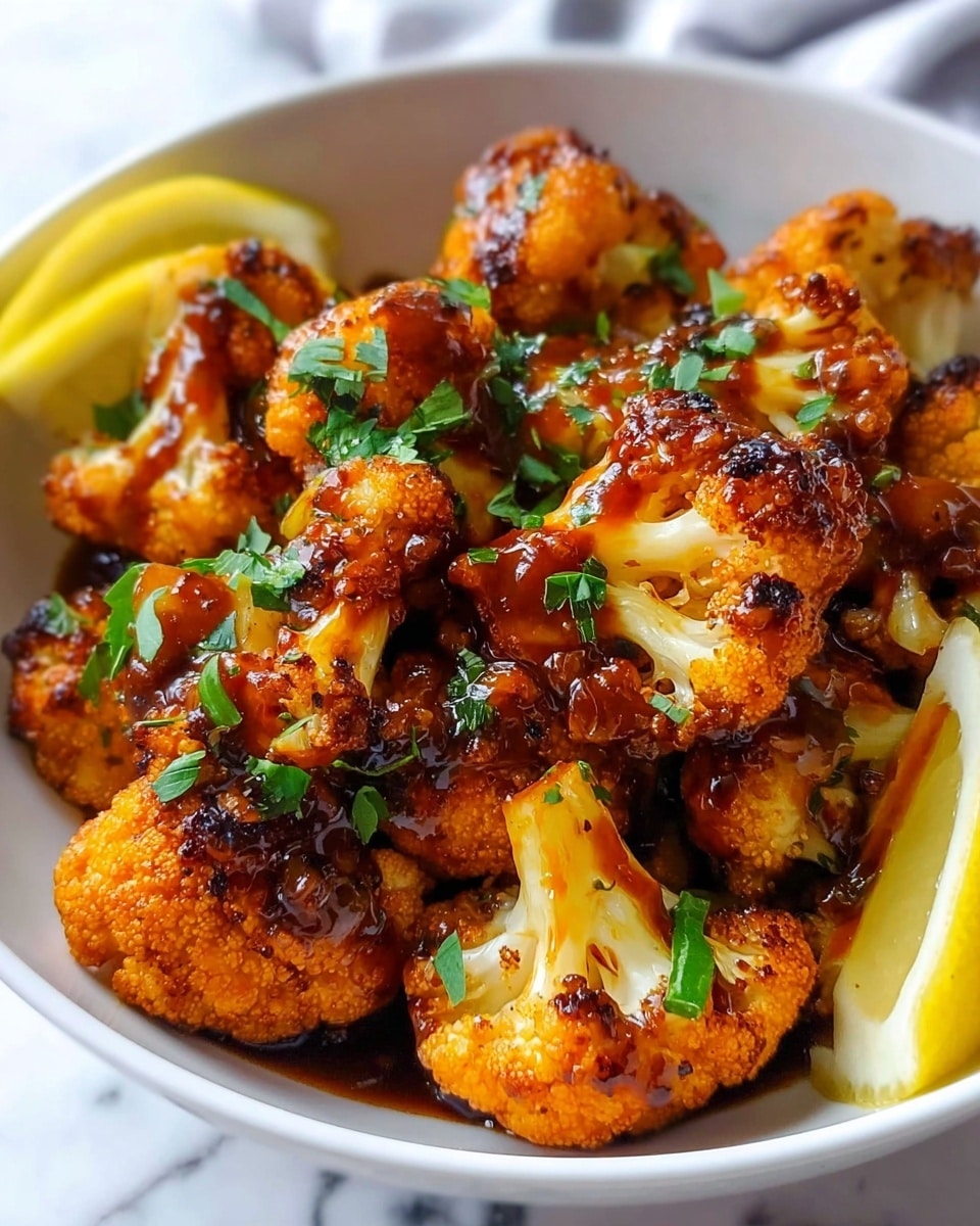 The image shows a white bowl filled with roasted cauliflower pieces that are golden brown with slightly charred edges, covered in a shiny dark reddish-brown sauce. The cauliflower appears crispy with a soft inside, and small green herb leaves are scattered over the top as garnish. Two lemon wedges are placed on the sides inside the bowl, adding a touch of yellow. The bowl rests on a white marbled surface. photo taken with an iphone --ar 4:5 --v 7