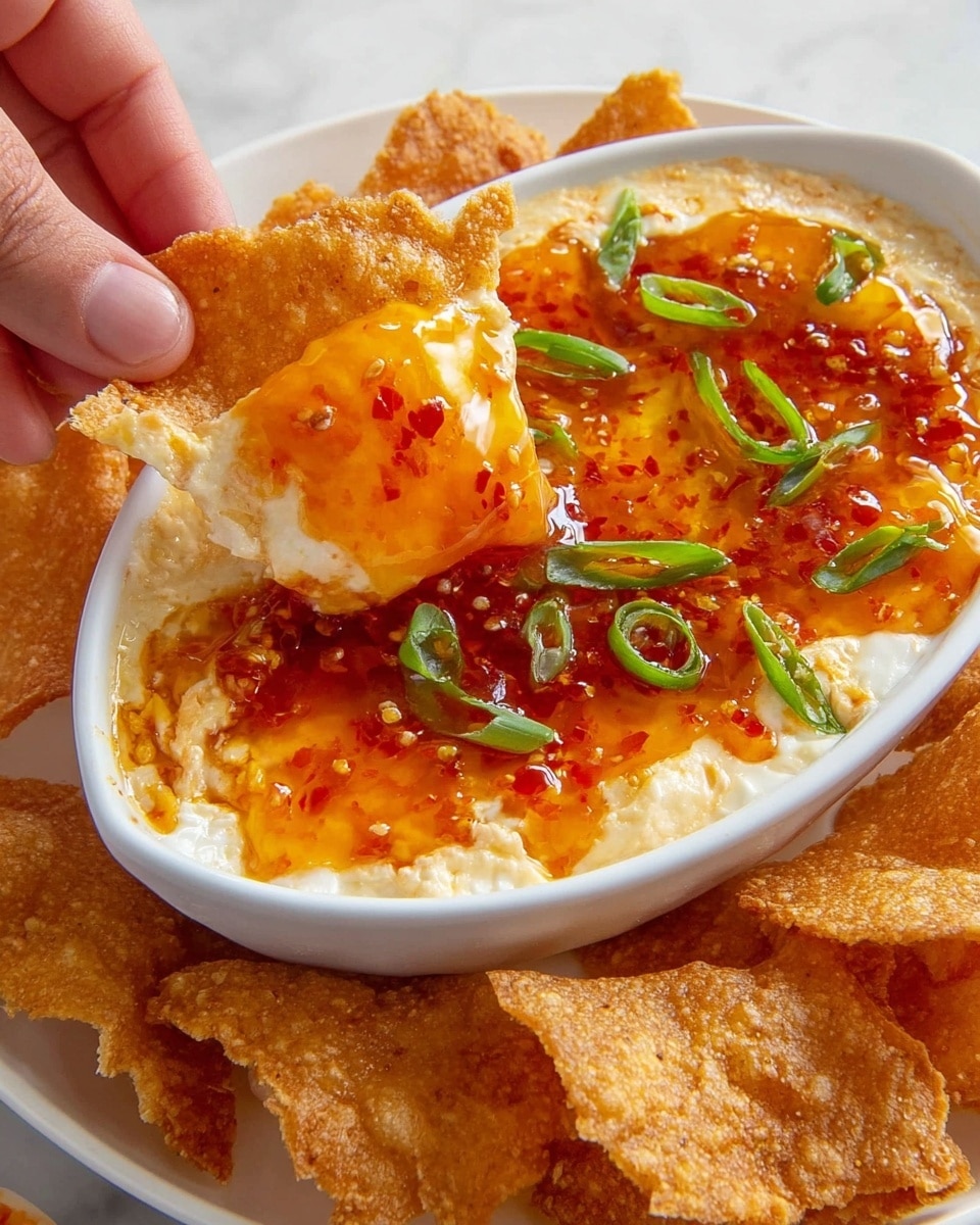 A white oval dish filled with a dip that has two clear layers: the bottom creamy white and beige layer showing a smooth texture with some bits of green, and the top bright orange shiny layer that looks like sweet chili sauce with red chili flakes and small green onion slices scattered on top; the dish is placed on a white plate holding many golden brown fried triangular chips with a rough, bubbled surface, one chip is scooping some of the dip, held by a woman's hand, all set on a white marbled surface photo taken with an iphone --ar 4:5 --v 7