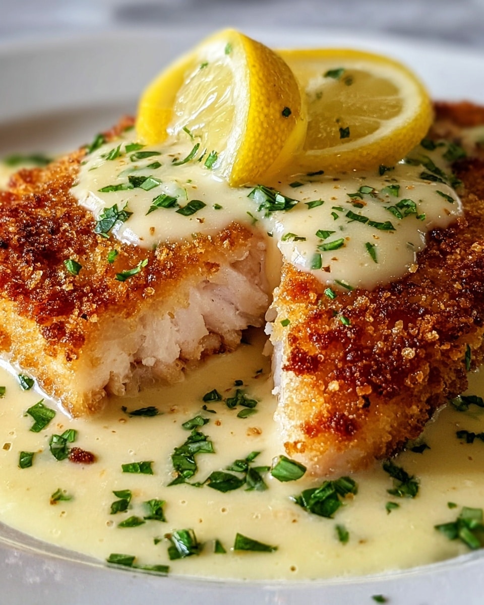 The image shows a white plate with a breaded and cooked fish fillet that has a golden-brown crispy crust. The fillet is partially cut, revealing its moist, tender light pink inside. On top of the fish, there is a creamy, light yellow sauce with a smooth texture, garnished with small bits of green herbs. Two lemon wedges, bright yellow with visible texture, sit on the sauce, adding fresh color. More sauce and herbs surround the fish on the white plate, which rests on a white marbled surface. Photo taken with an iphone --ar 4:5 --v 7