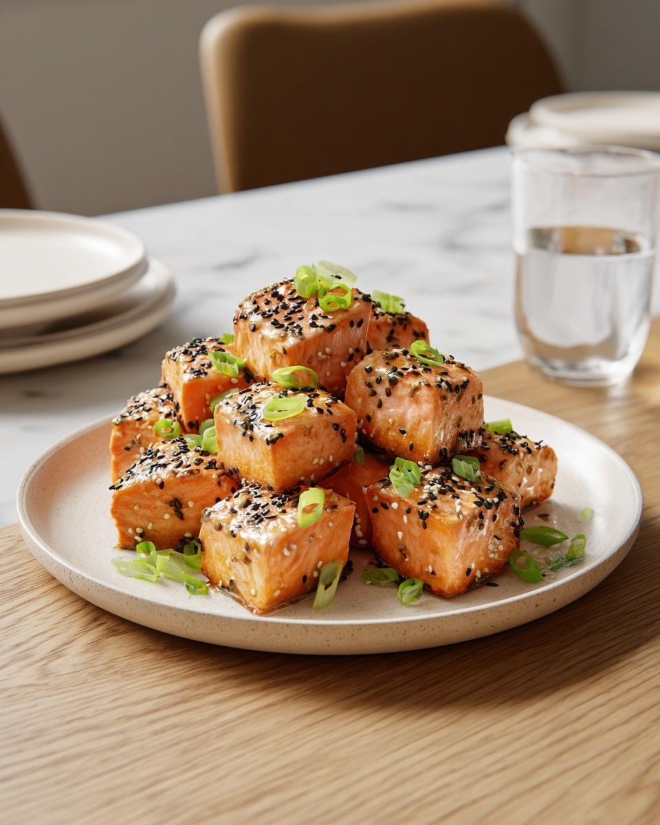 A round white ceramic plate holds a pile of golden-brown cubes of cooked salmon, each topped with black and white sesame seeds and small bright green sliced scallions scattered across and around the salmon. The salmon cubes have a shiny, slightly oily texture, with a light crust on the edges that shows they are cooked. The plate is set on a light wood table with minimal background elements, including a clear glass of water to the right and blurred white plates and beige placemat in the distance on a white marbled surface. Photo taken with an iphone --ar 4:5 --v 7