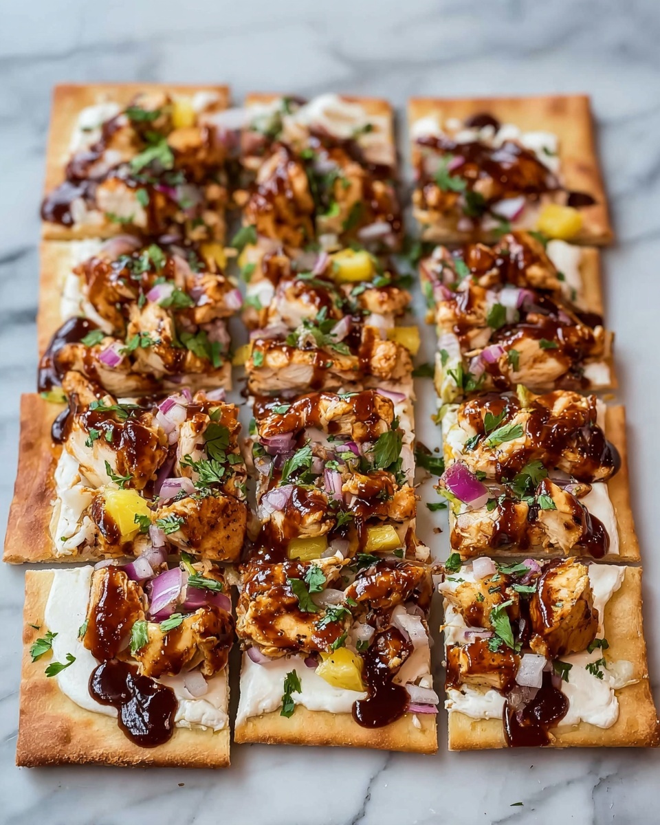 The image shows a rectangular flatbread pizza cut into eight square pieces, laid out on a white marbled surface. The bottom layer is a thin, golden-brown crust. On top, there is a layer of creamy white cheese spread evenly across the base. The pizza is generously topped with chunks of grilled chicken covered in a glossy dark brown barbecue sauce, slices of red onion scattered around, small bits of fresh green herbs sprinkled over, and some light yellow pieces that appear to be pineapple. The pizza is cut close to the edges, and the toppings are thick and unevenly spread, giving a rich, textured look. Photo taken with an iphone --ar 4:5 --v 7